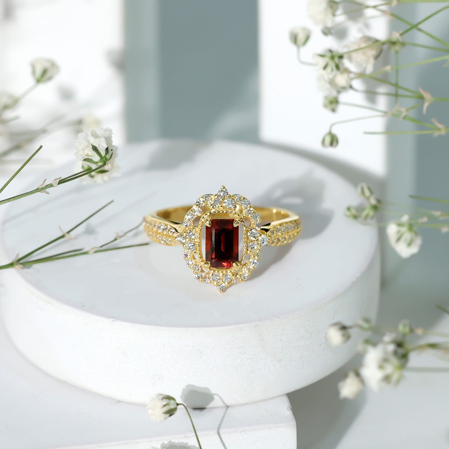 Certified Real Emerald Cut Garnet Retro Engagement Ring with Diamond