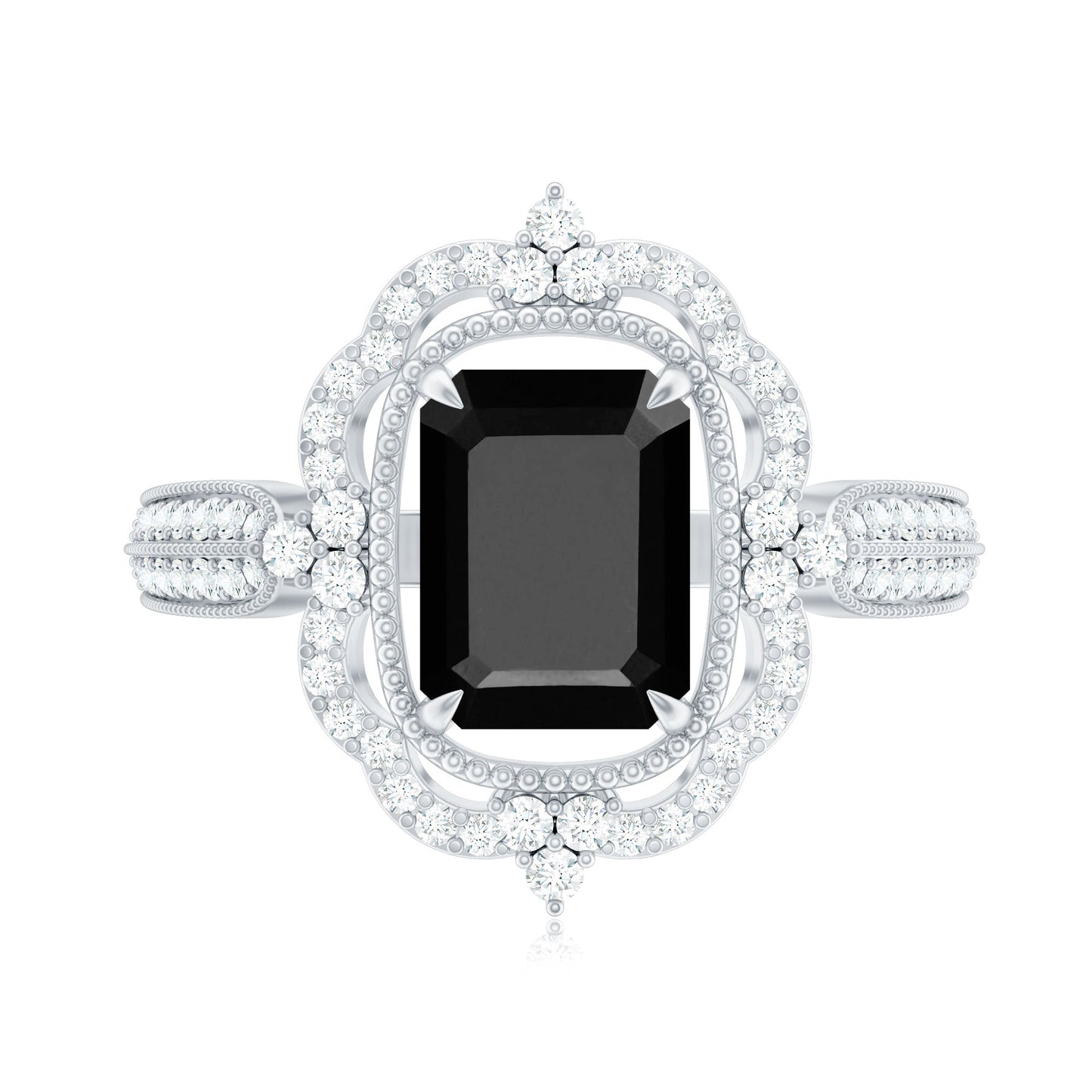 1.68 Carat Emerald Cut Lab Grown Black Diamond Retro Engagement Ring with White Diamond