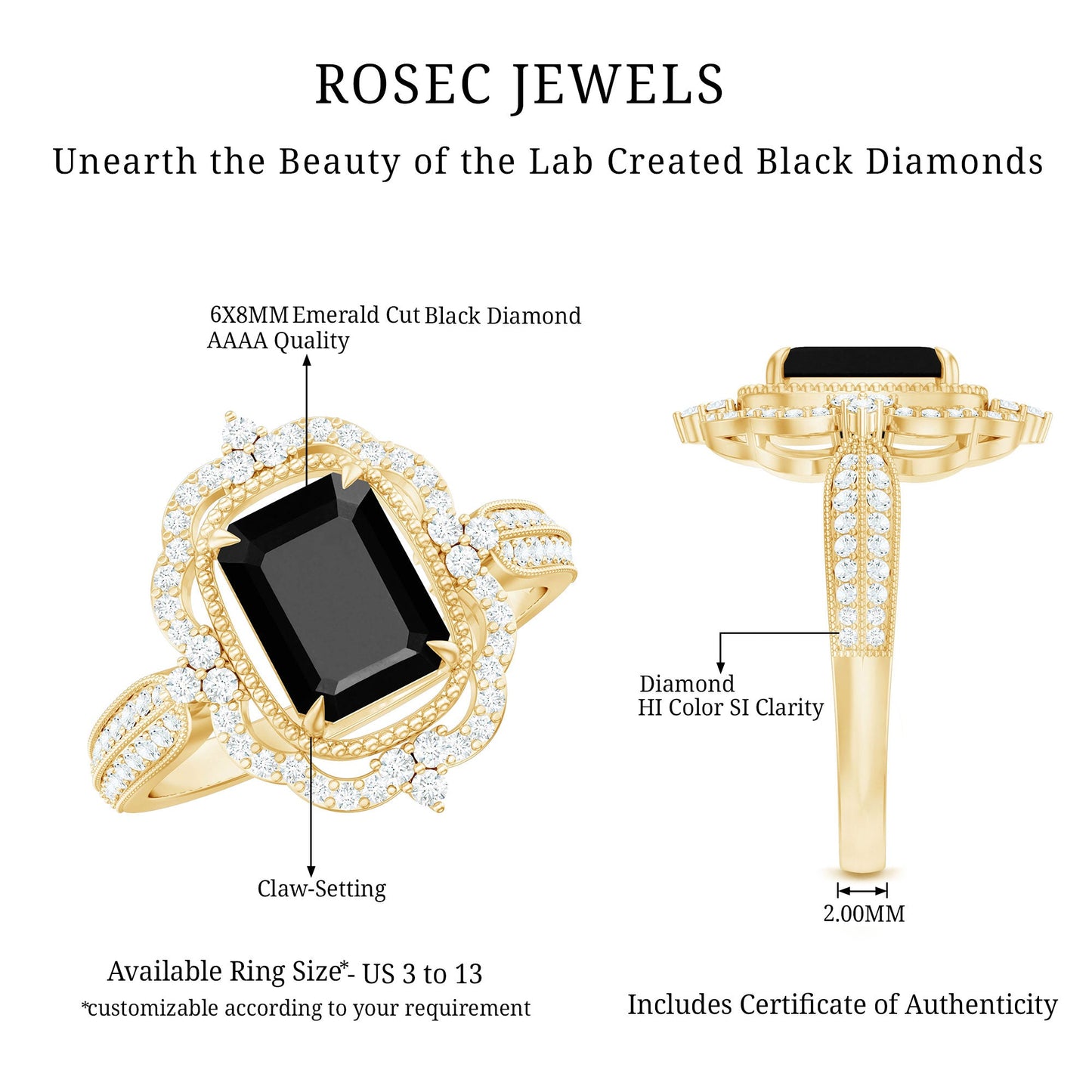 1.68 Carat Emerald Cut Lab Grown Black Diamond Retro Engagement Ring with White Diamond