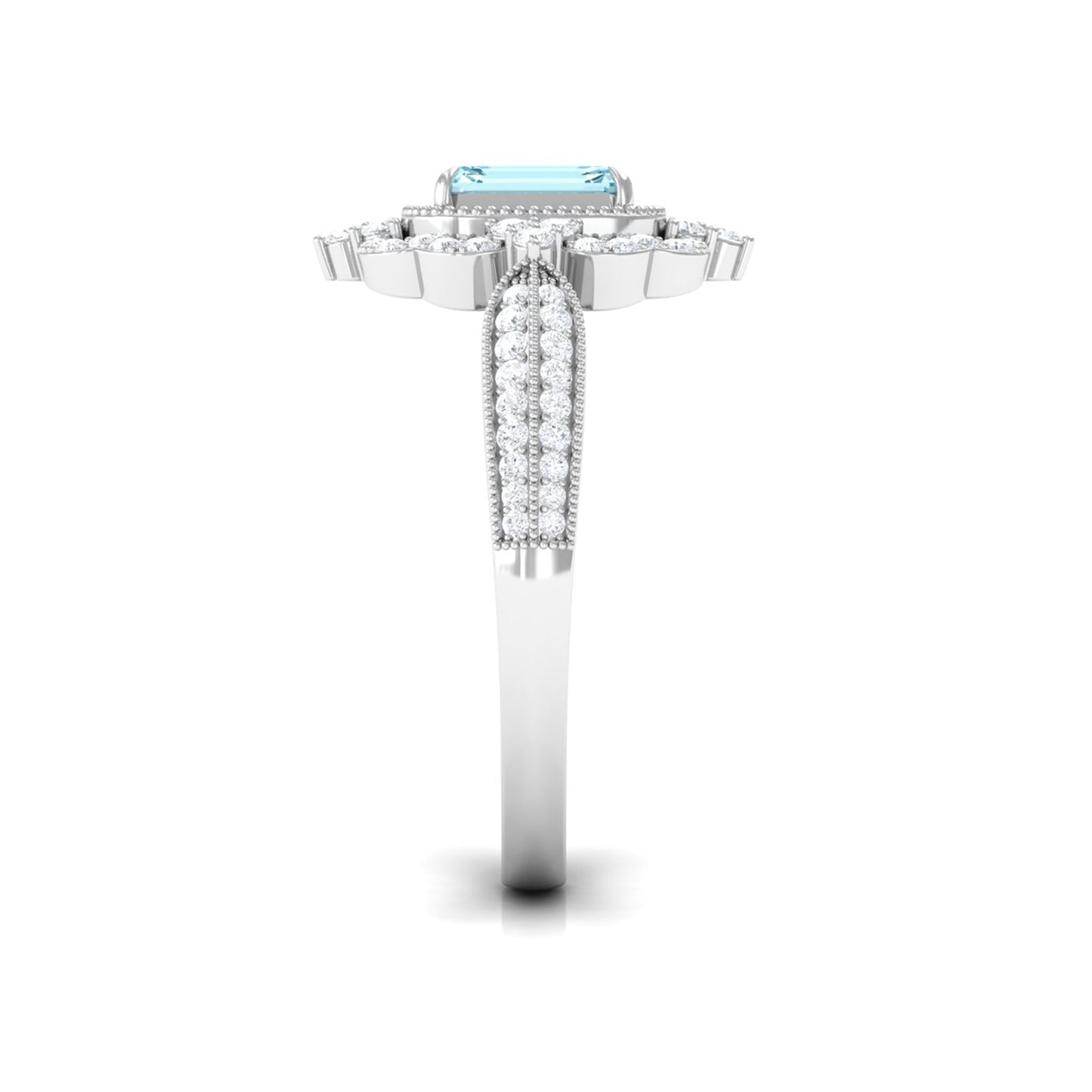 Real Emerald Cut Aquamarine Vintage Looking Engagement Ring with Diamond