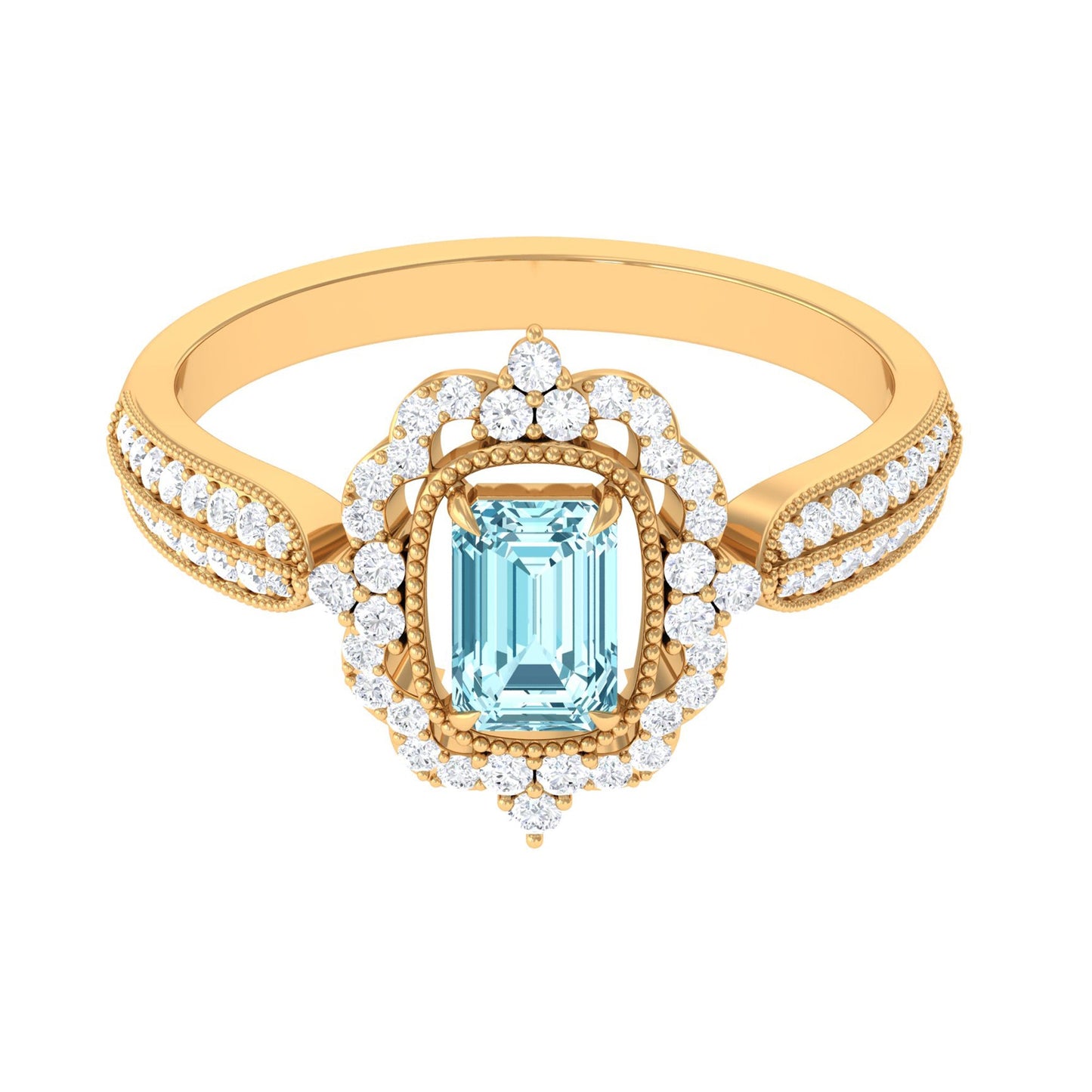 Real Emerald Cut Aquamarine Vintage Looking Engagement Ring with Diamond