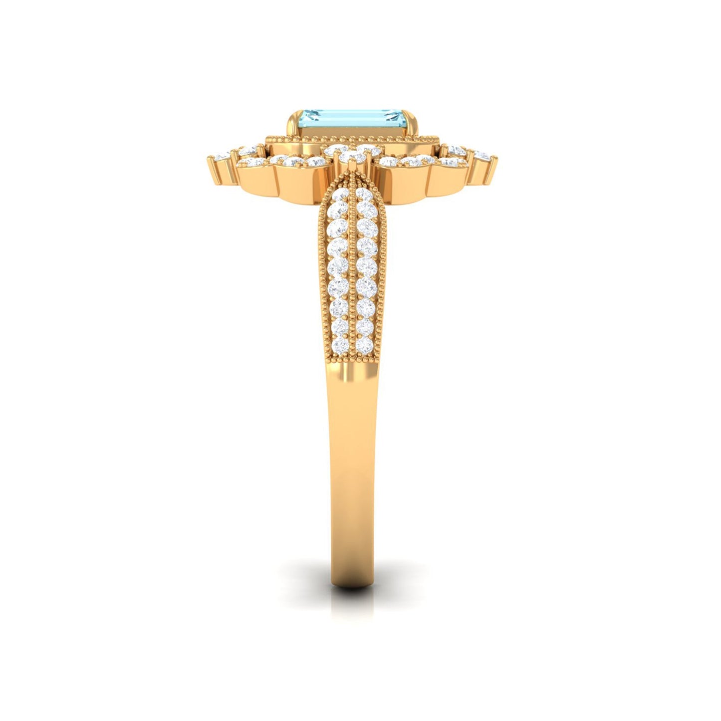 Real Emerald Cut Aquamarine Vintage Looking Engagement Ring with Diamond