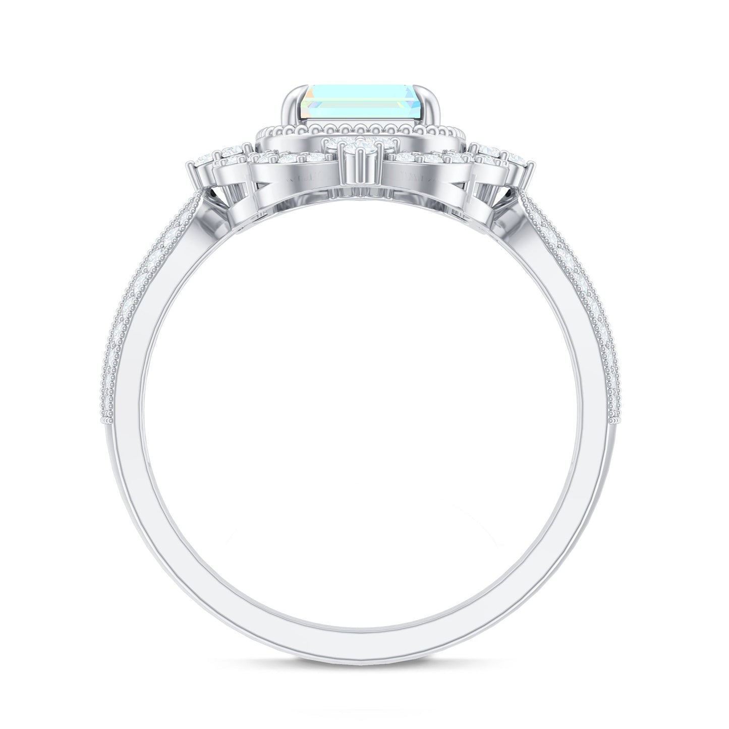 Real 2 Carat Emerald Cut Opalescent Antique Looking Engagement Ring with Diamond Halo