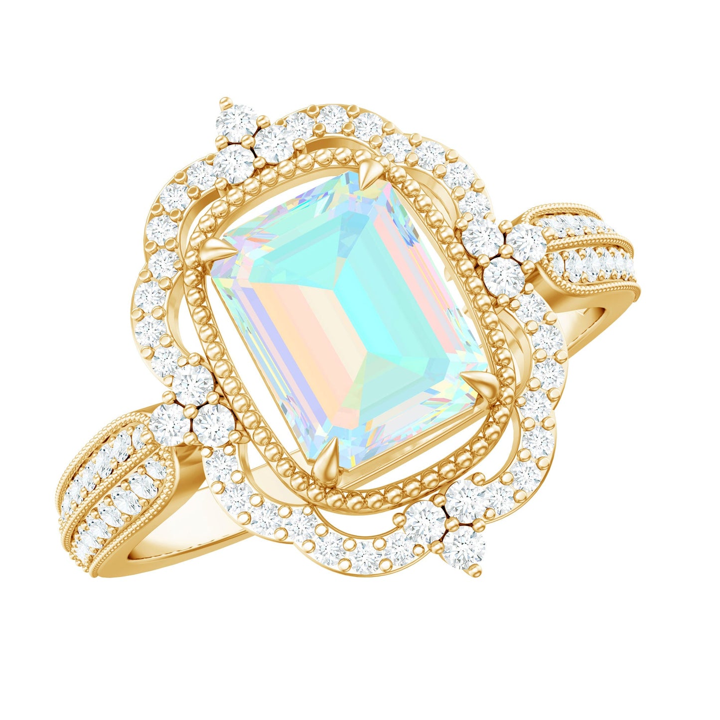 Real 2 Carat Emerald Cut Opalescent Antique Looking Engagement Ring with Diamond Halo