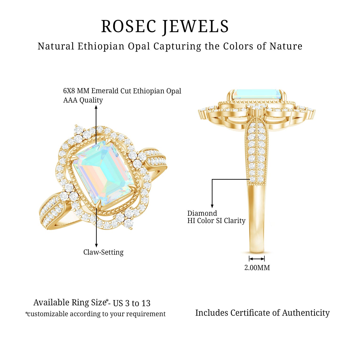Real 2 Carat Emerald Cut Opalescent Antique Looking Engagement Ring with Diamond Halo