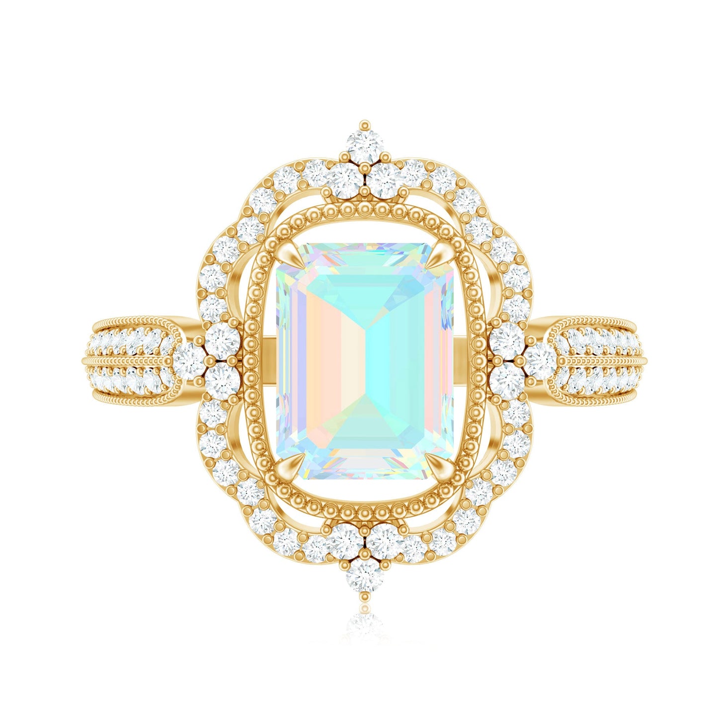 Real 2 Carat Emerald Cut Opalescent Antique Looking Engagement Ring with Diamond Halo