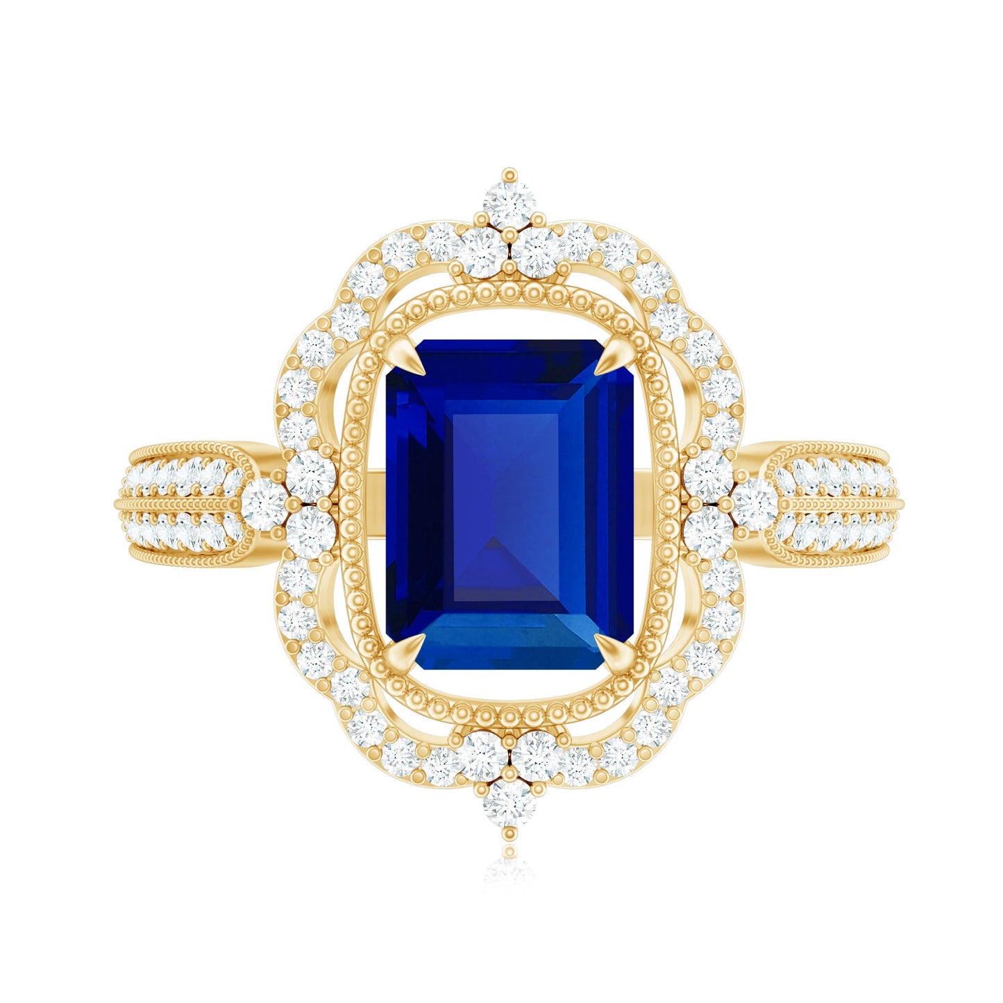 Certified 1.75 Carat Emerald Cut Lab Grown Blue Sapphire Retro Engagement Ring with Diamond