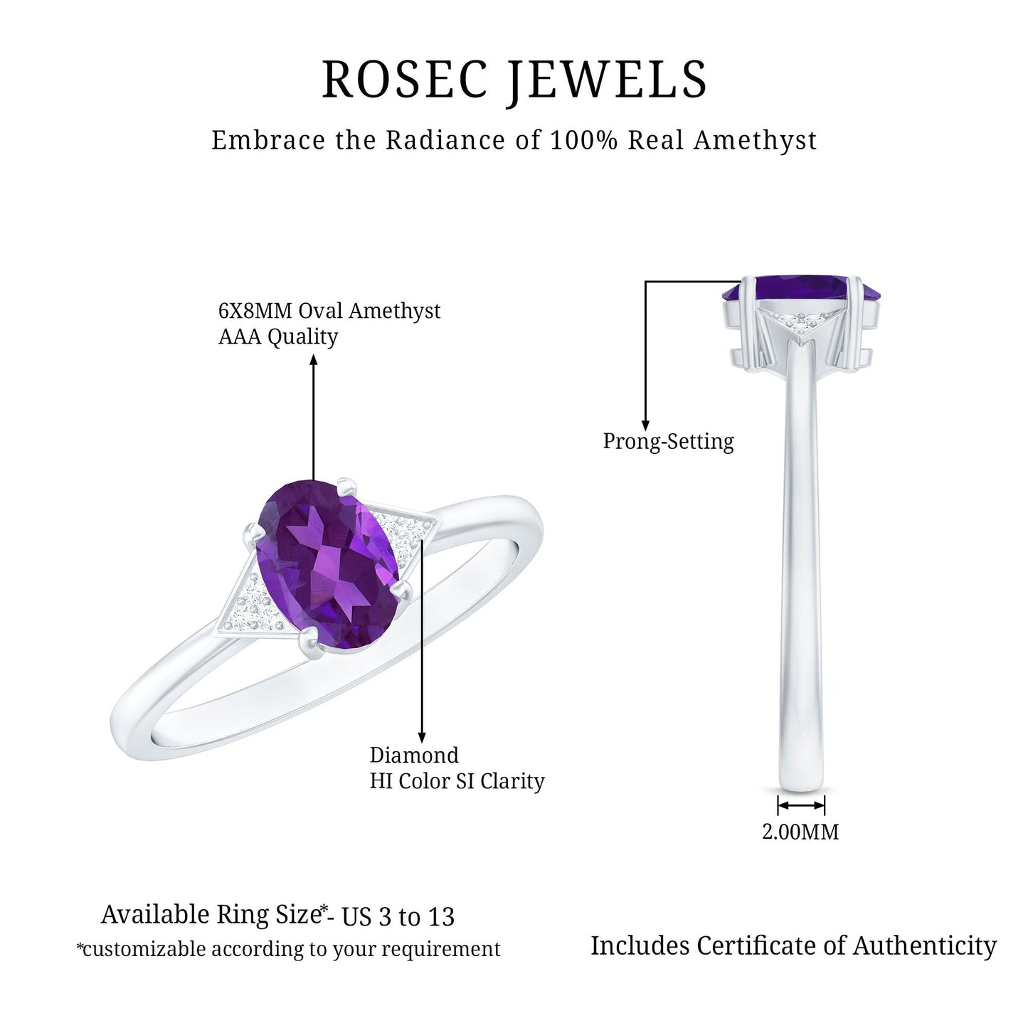 Natural 1 Carat Amethyst Oval Engagement Ring with Diamond Trio