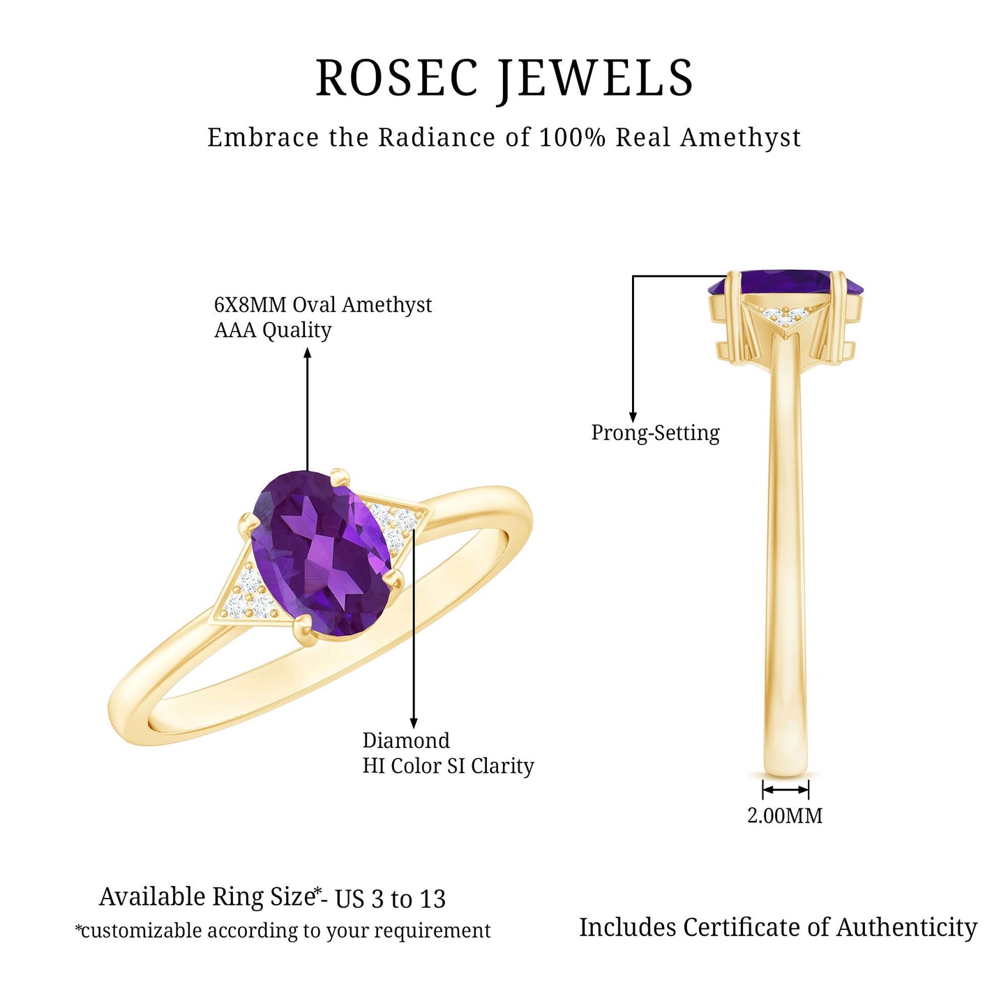Natural 1 Carat Amethyst Oval Engagement Ring with Diamond Trio