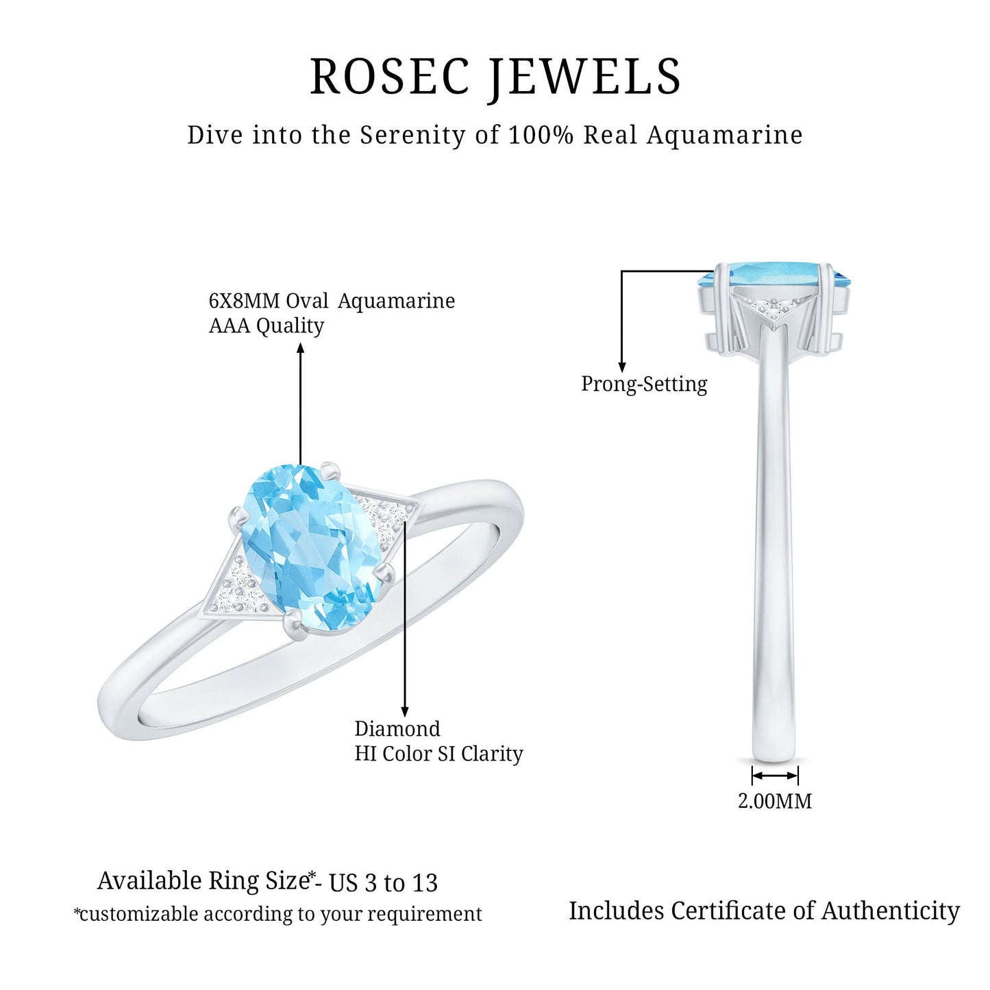 Genuine 1 Carat Aquamarine Oval Engagement Ring with Diamond