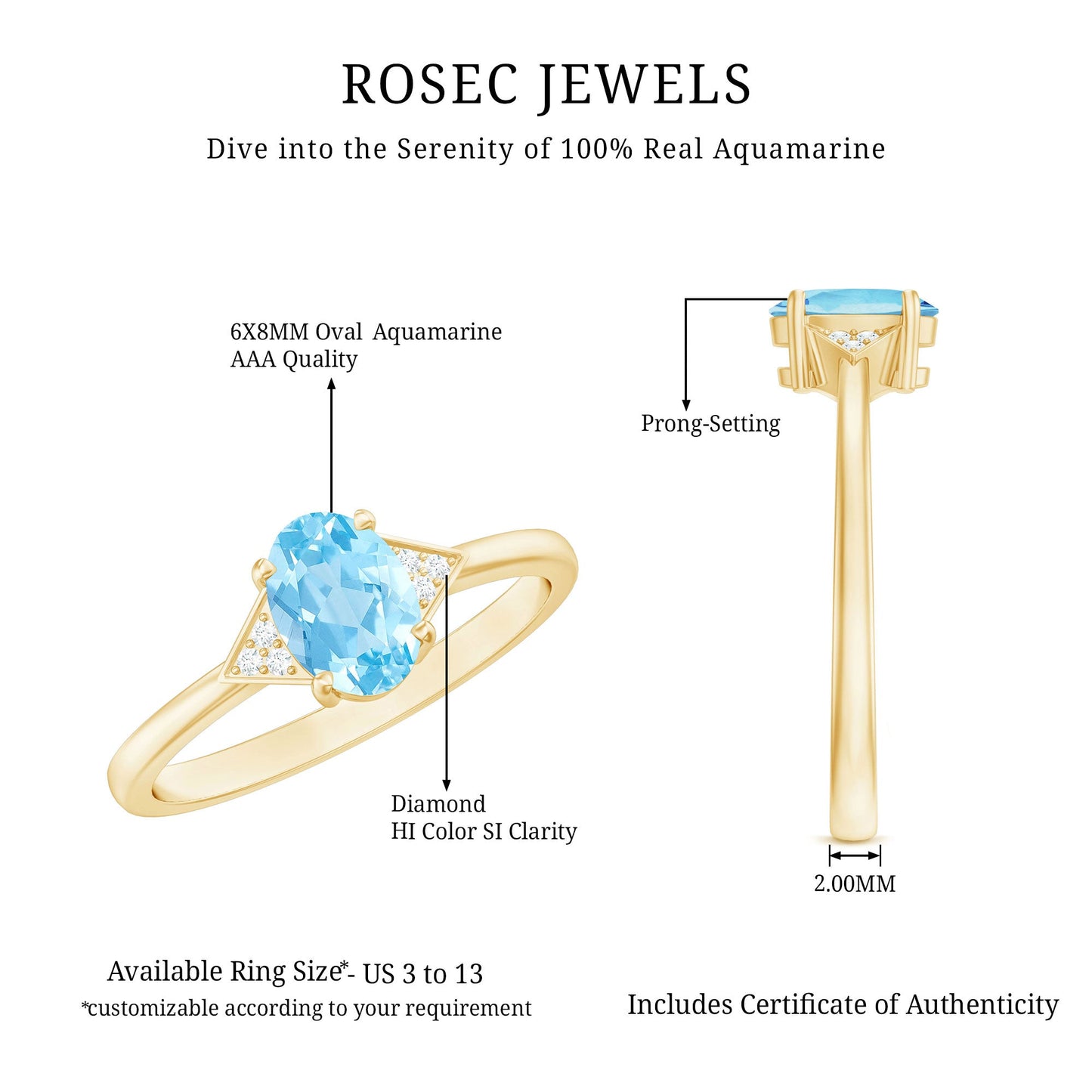 Genuine 1 Carat Aquamarine Oval Engagement Ring with Diamond