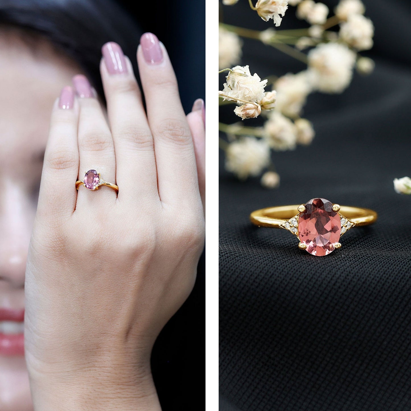 1 Carat Pink Tourmaline Oval Engagement Ring with Diamond