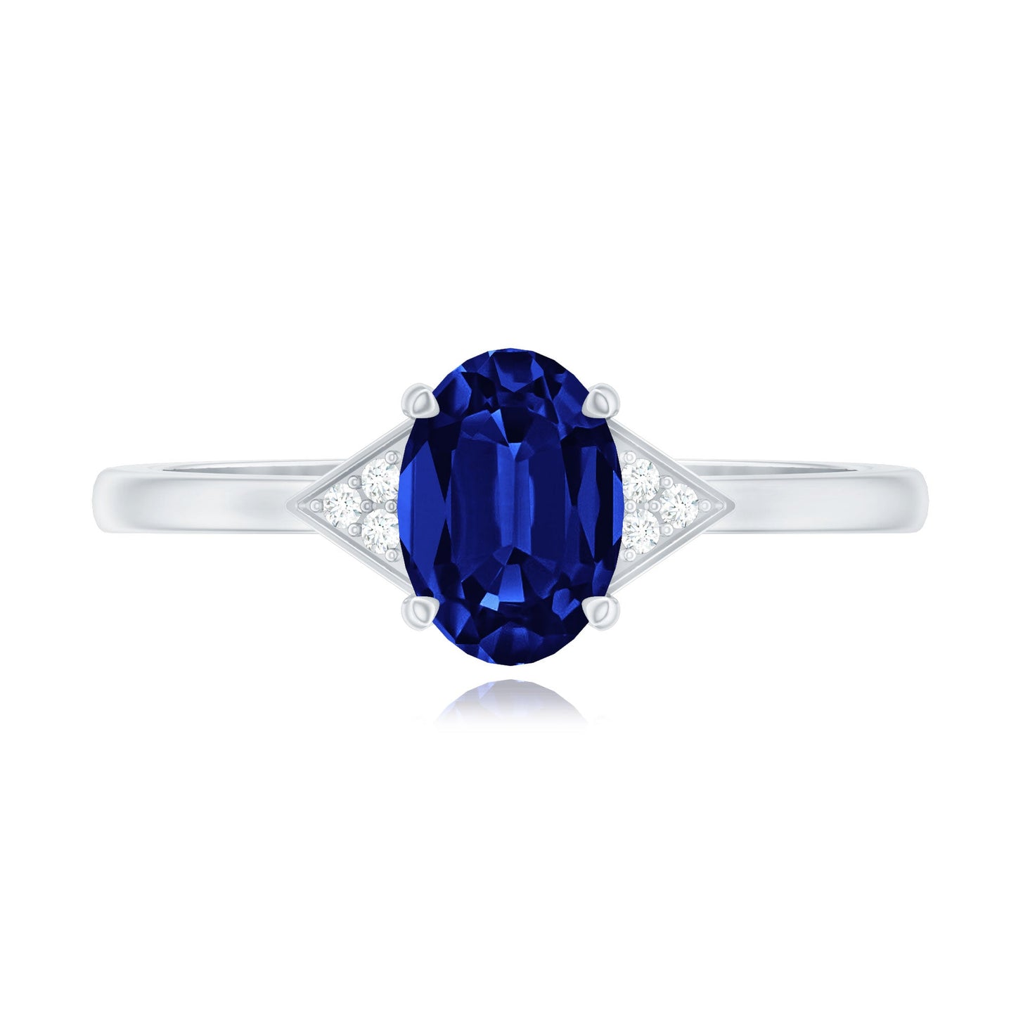 Certified 1 Carat Lab Grown Blue Sapphire Oval Engagement Ring with Diamond Trio