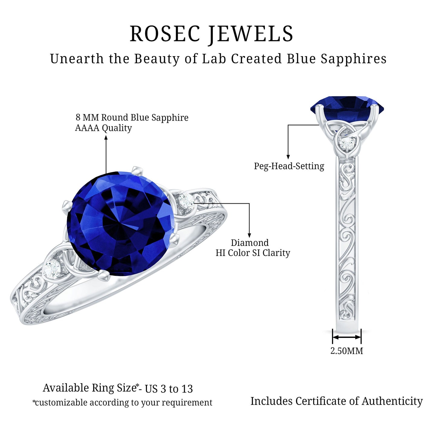 Certified 2.7 Carat Lab Grown Blue Sapphire Celtic Engagement Ring with Diamond