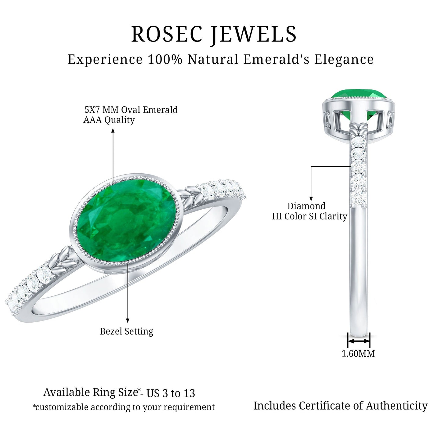 Natural Oval Shape Emerald East West Engagement Ring with Diamond