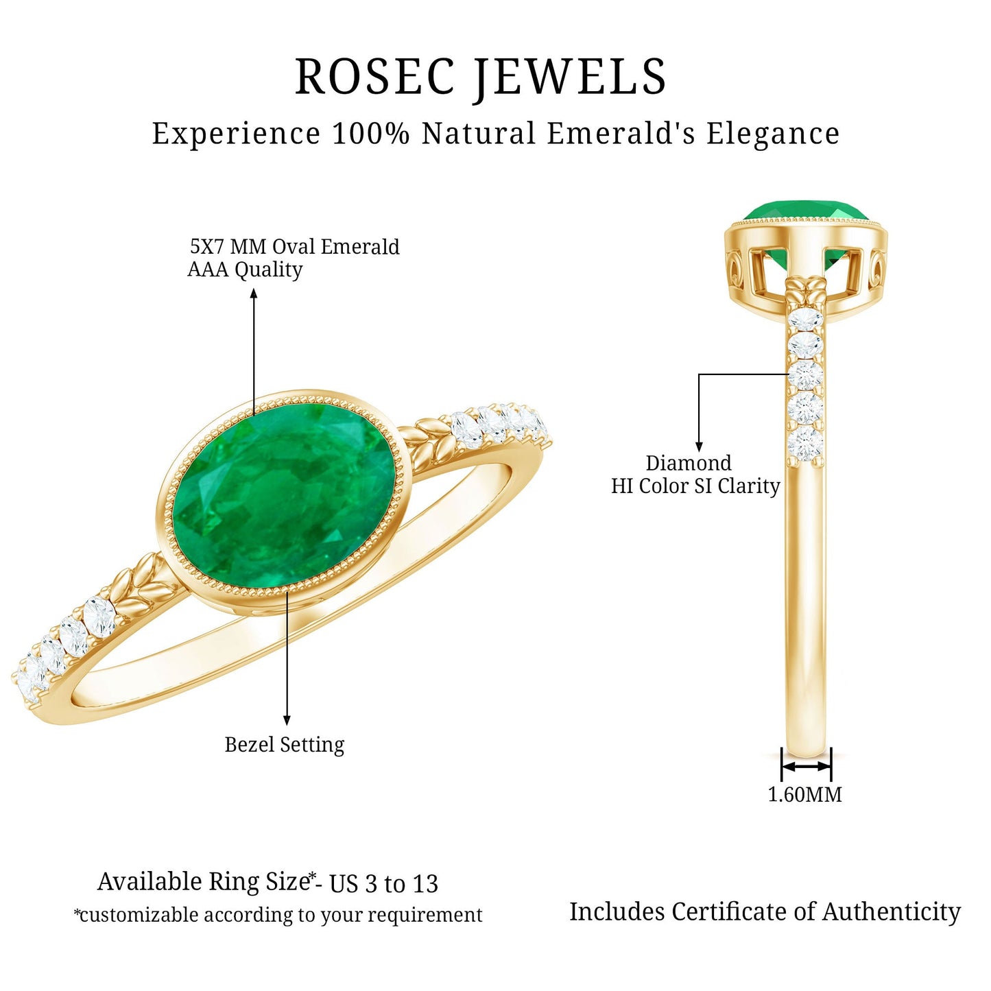 Natural Oval Shape Emerald East West Engagement Ring with Diamond