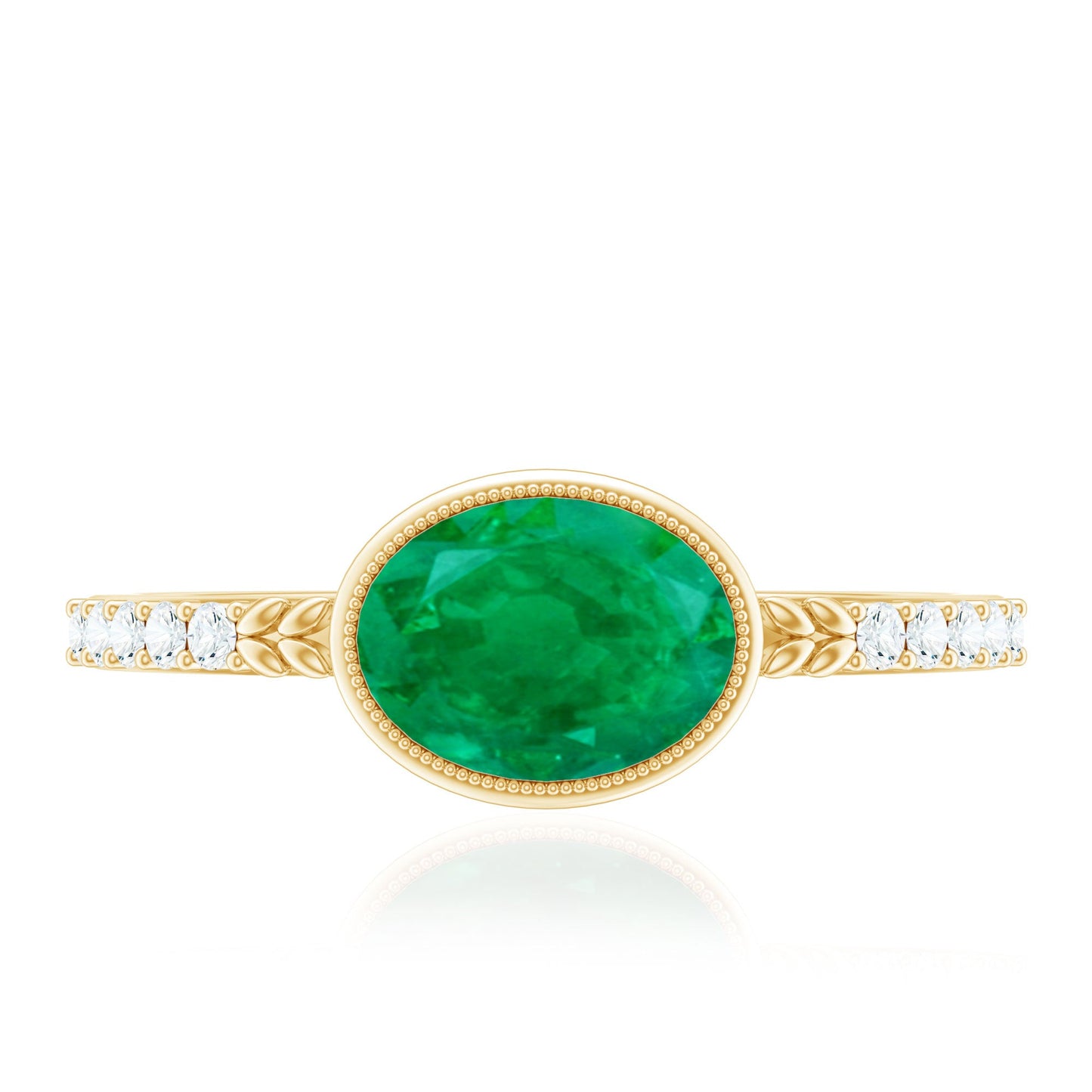 Natural Oval Shape Emerald East West Engagement Ring with Diamond