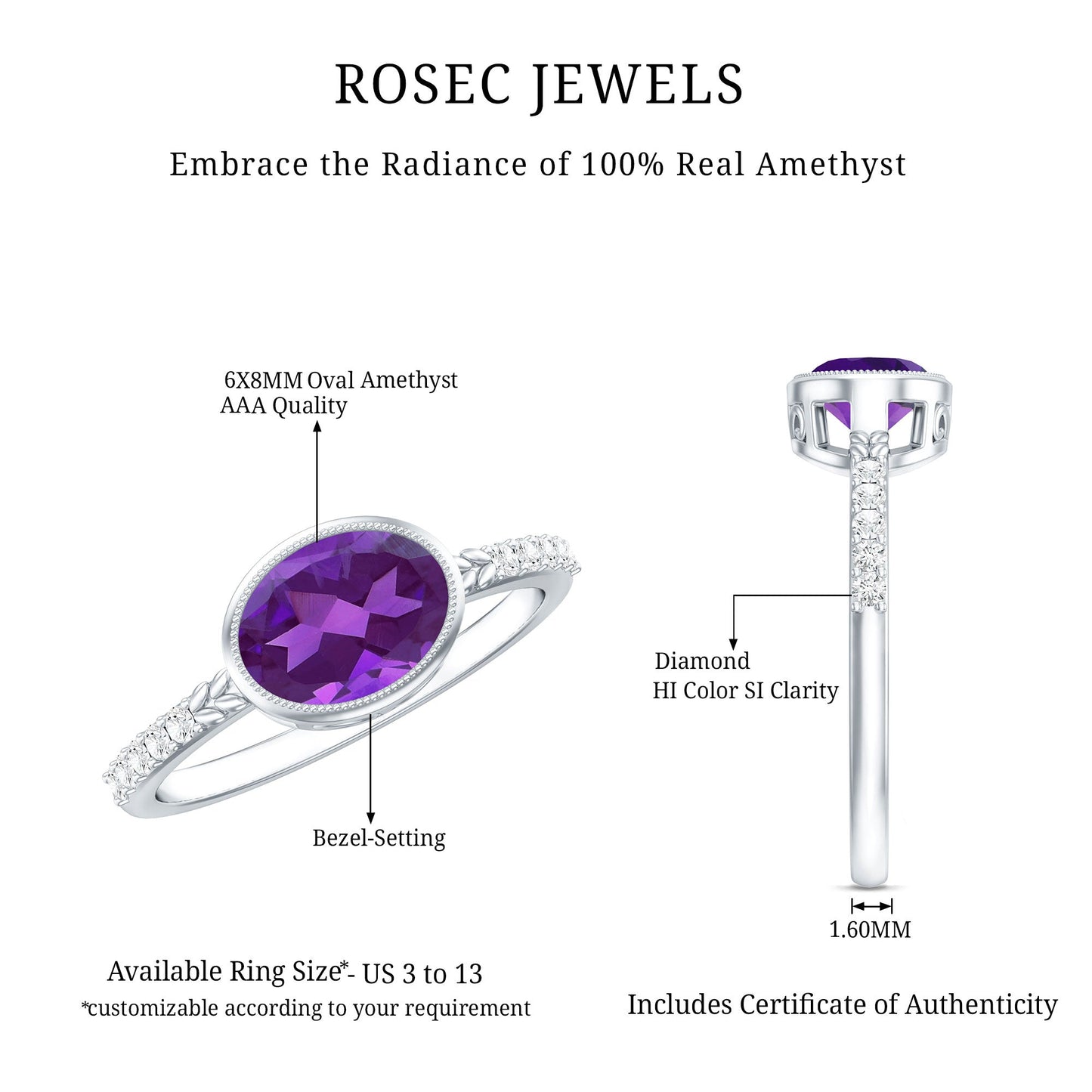 Oval Amethyst Solitaire Engagement Ring with Diamond