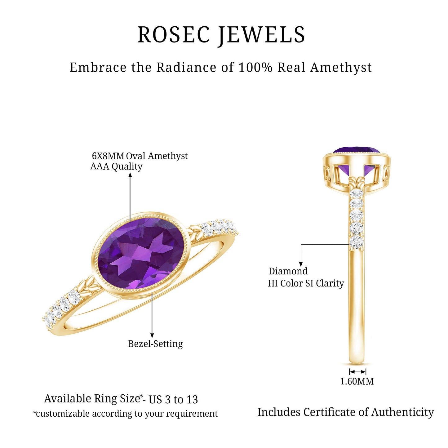 Oval Amethyst Solitaire Engagement Ring with Diamond