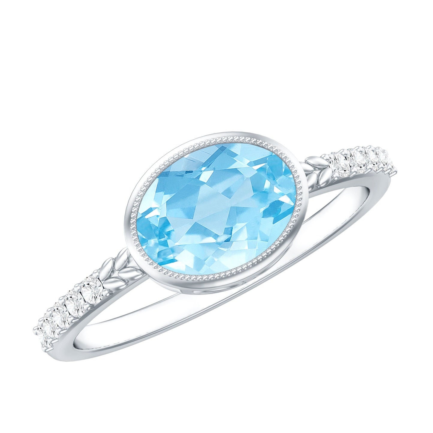 Natural Aquamarine Diamond Oval Engagement Ring in East West Style