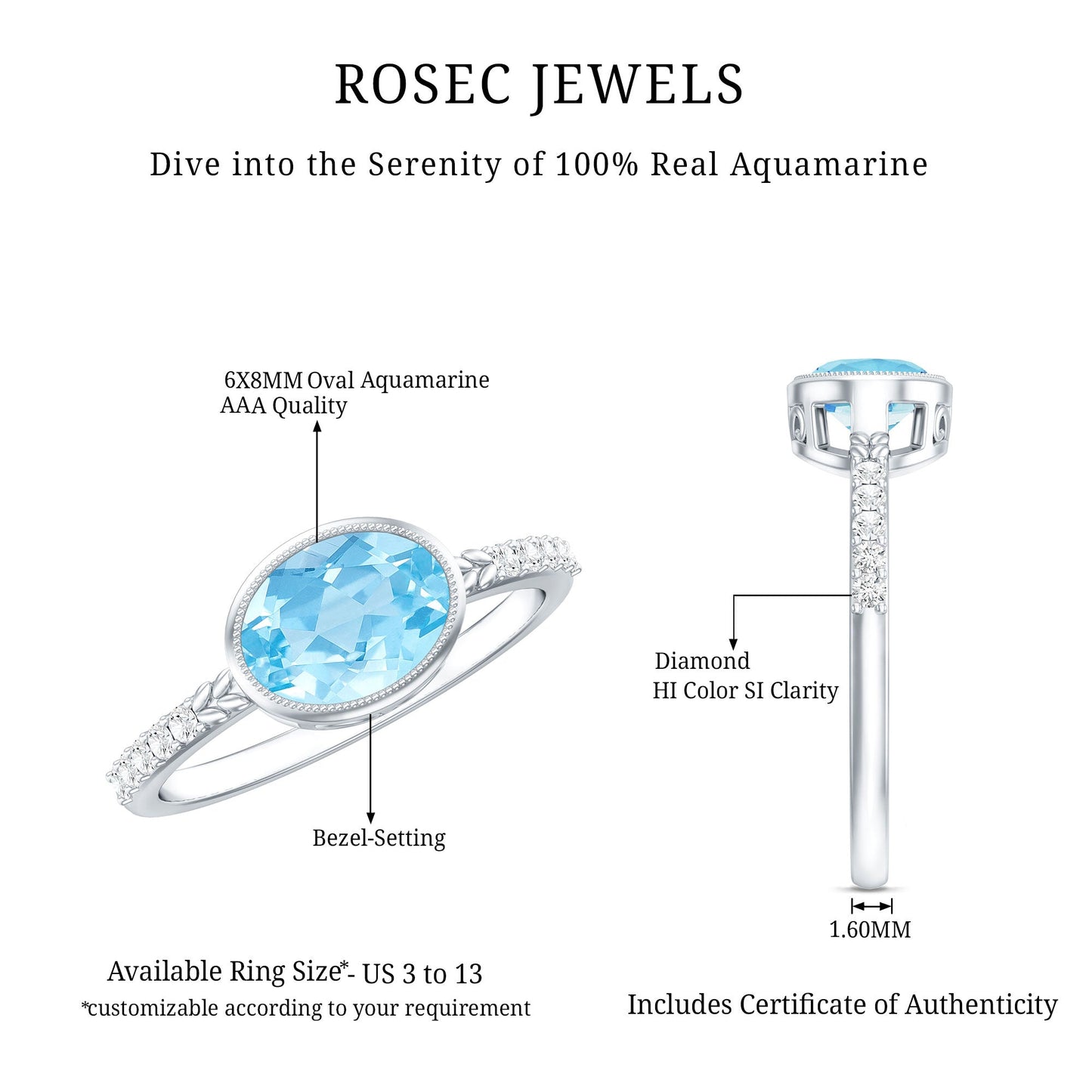 Natural Aquamarine Diamond Oval Engagement Ring in East West Style