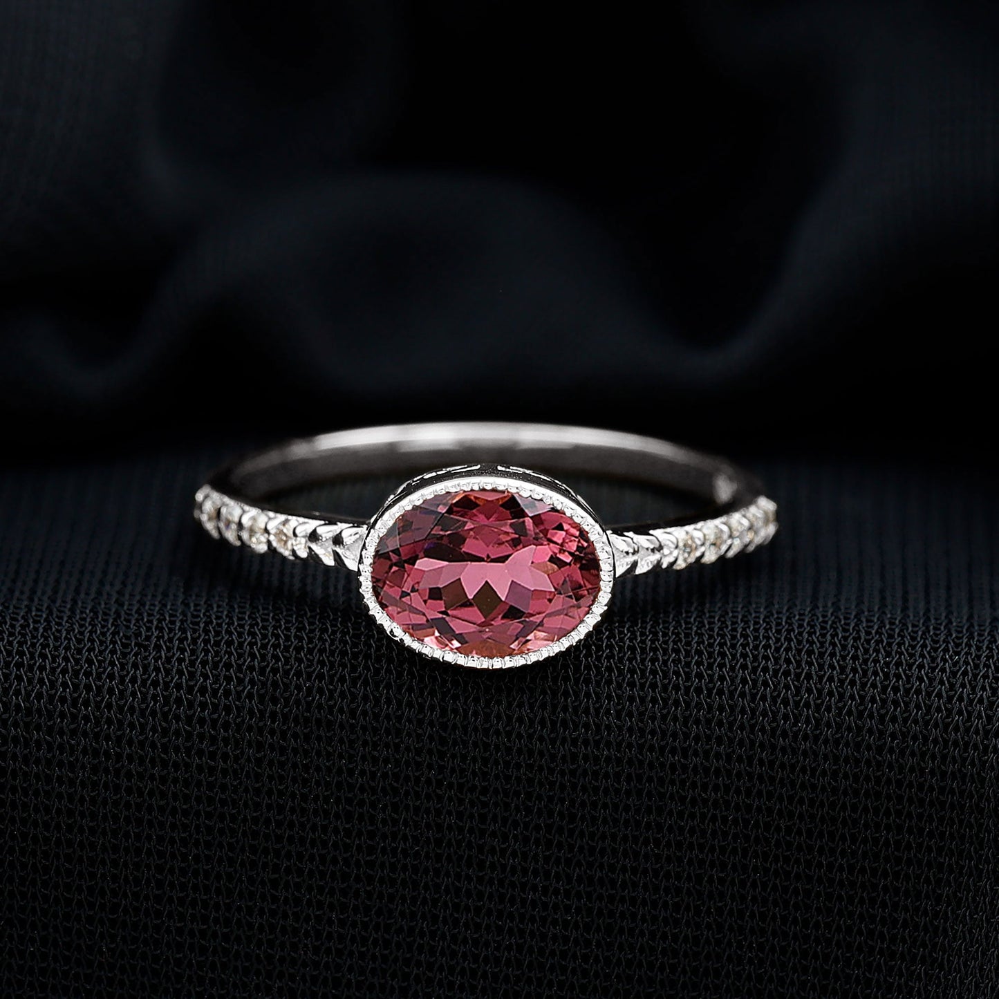 1 Carat Oval Pink Tourmaline East West Engagement Ring with Diamond