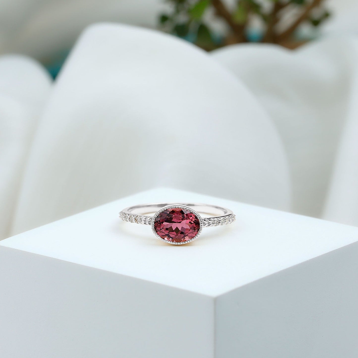 1 Carat Oval Pink Tourmaline East West Engagement Ring with Diamond