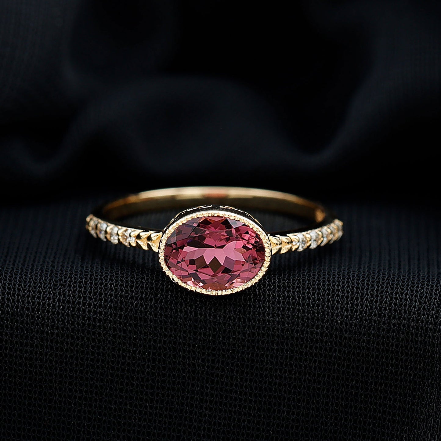 1 Carat Oval Pink Tourmaline East West Engagement Ring with Diamond