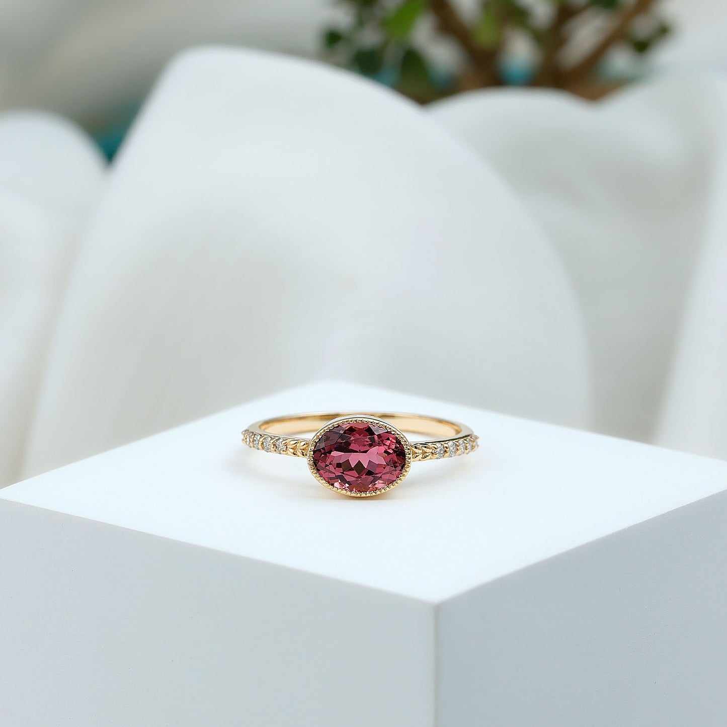 1 Carat Oval Pink Tourmaline East West Engagement Ring with Diamond