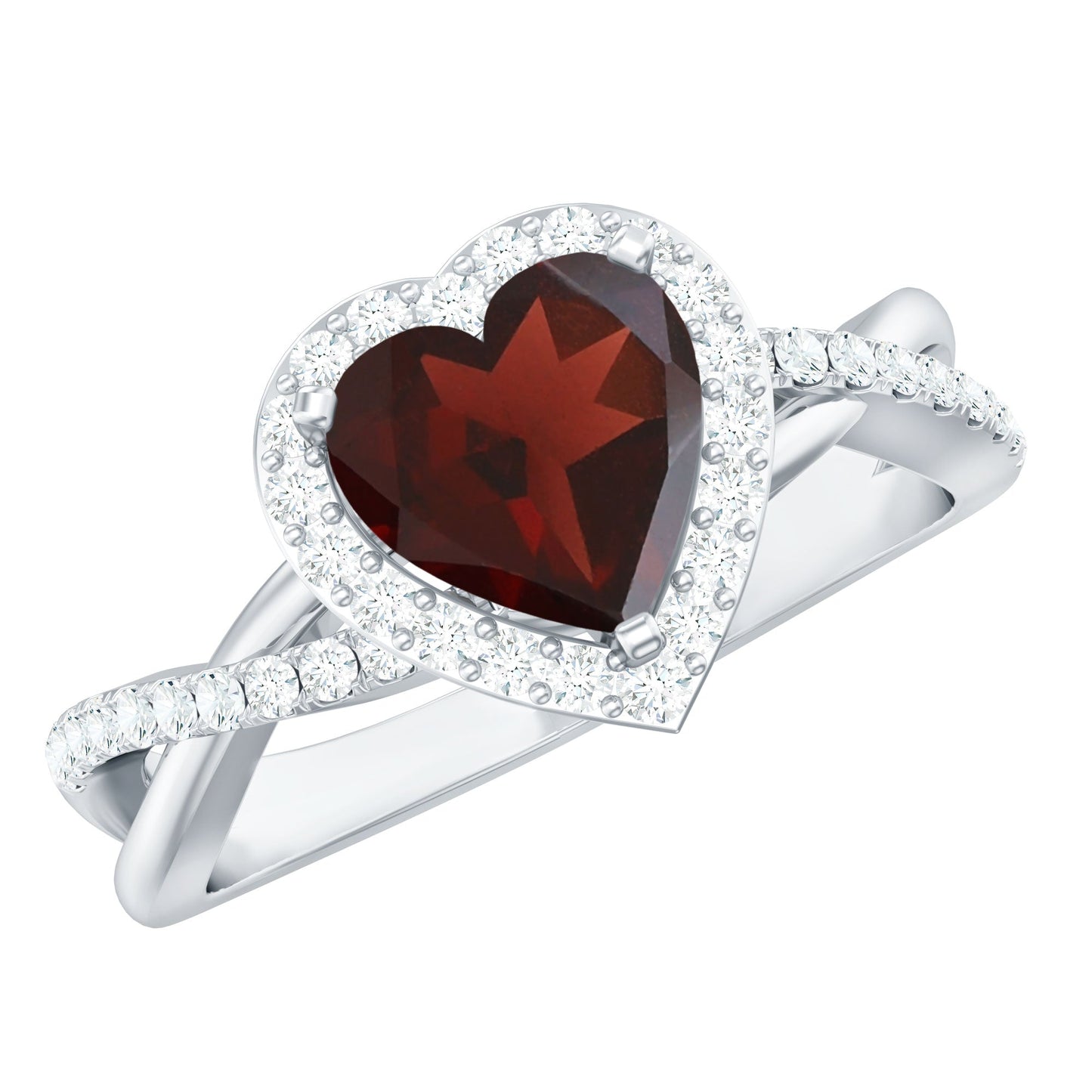 Natural Garnet Diamond Heart Engagement Ring with Crossover Shank