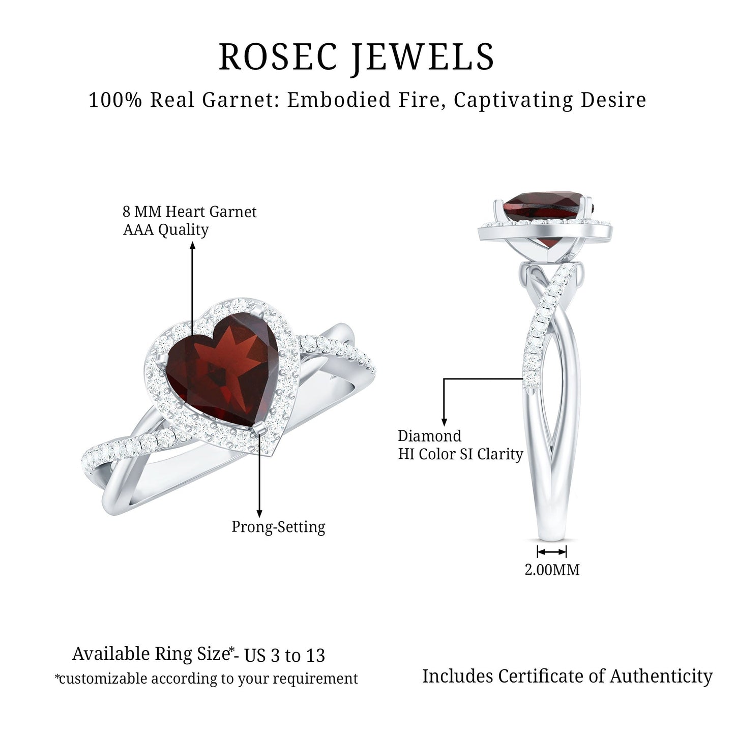 Natural Garnet Diamond Heart Engagement Ring with Crossover Shank