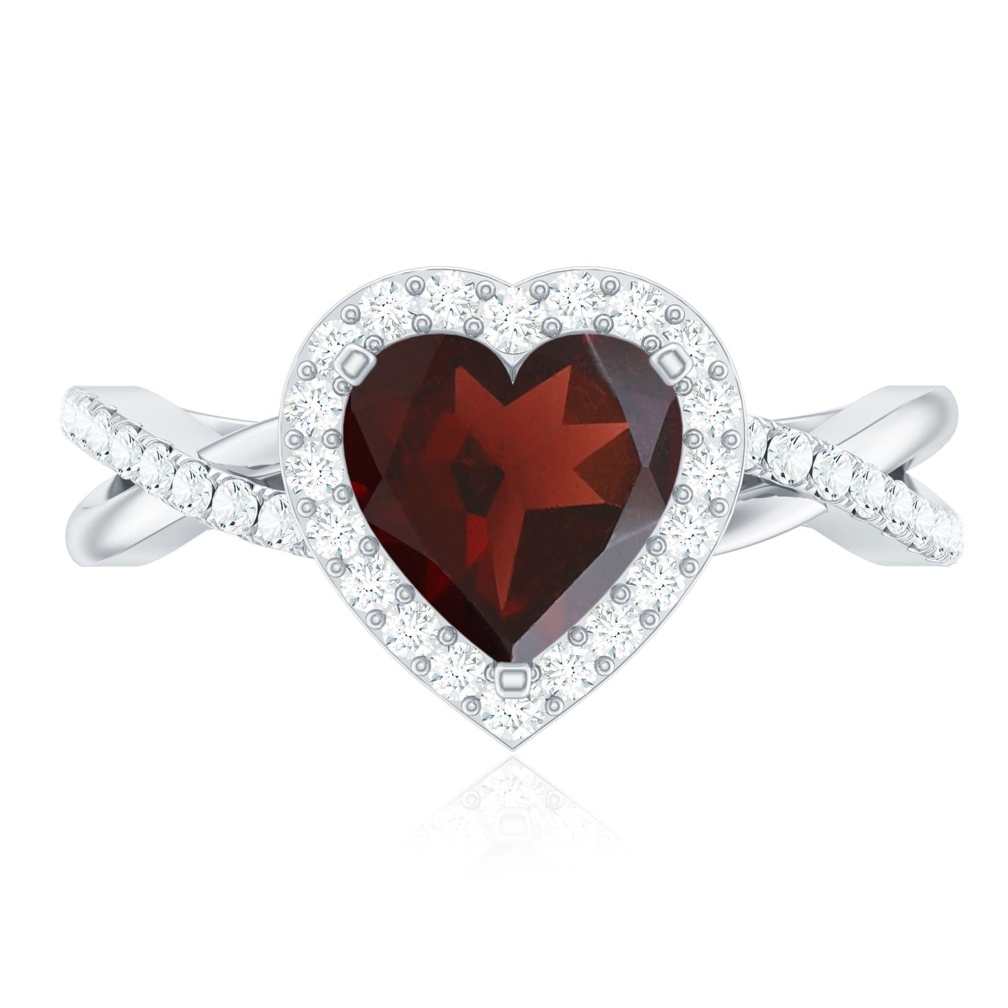 Natural Garnet Diamond Heart Engagement Ring with Crossover Shank