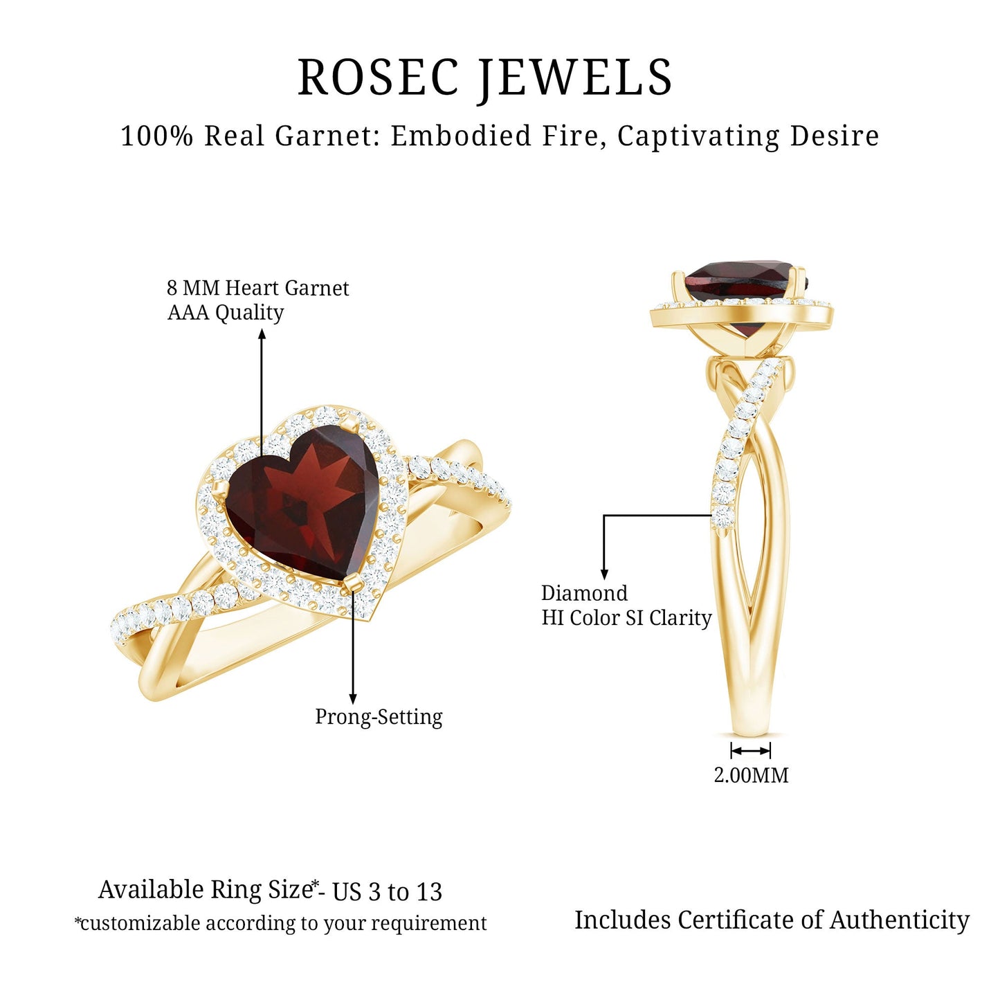 Natural Garnet Diamond Heart Engagement Ring with Crossover Shank