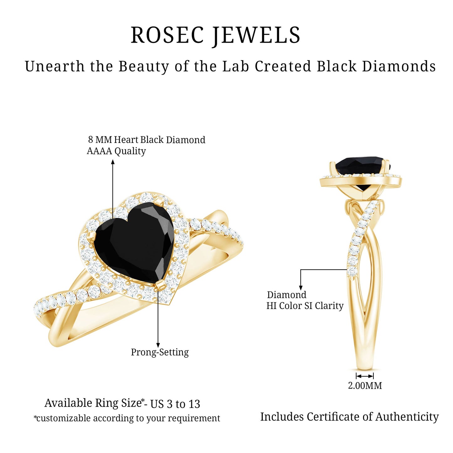 2.4 Carat Lab Grown Black and White Diamond Heart Engagement Ring with Halo