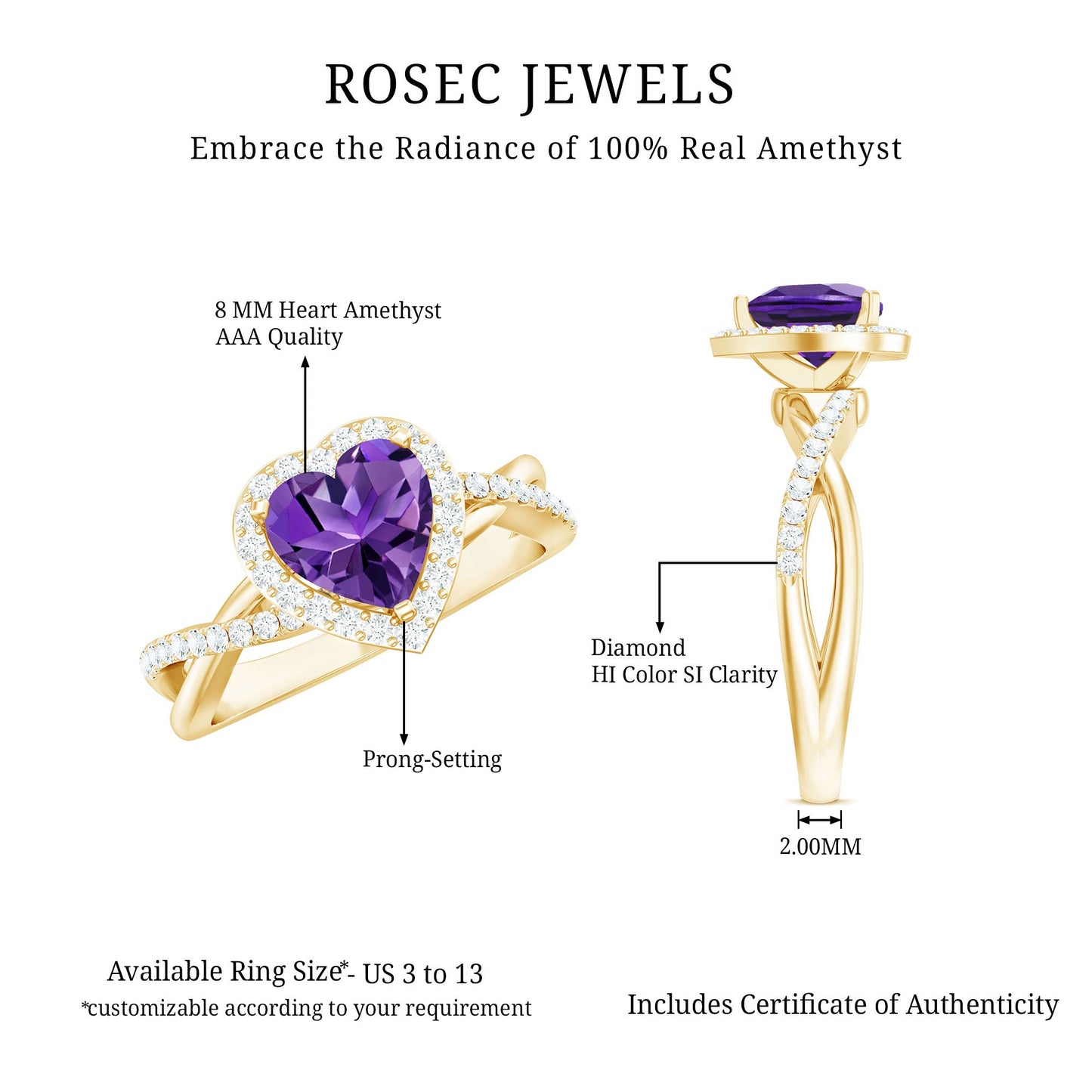2 Carat Heart Shape Amethyst Crossover Engagement Ring with Diamond