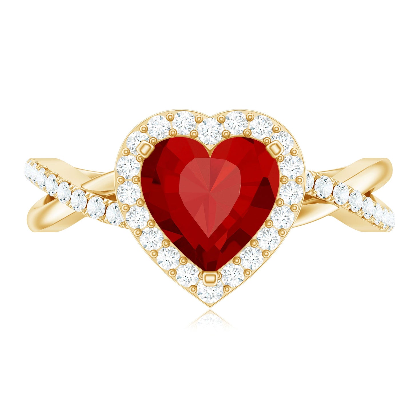 Heart Shaped Lab Created Ruby Crossover Engagement Ring with Natural Diamonds