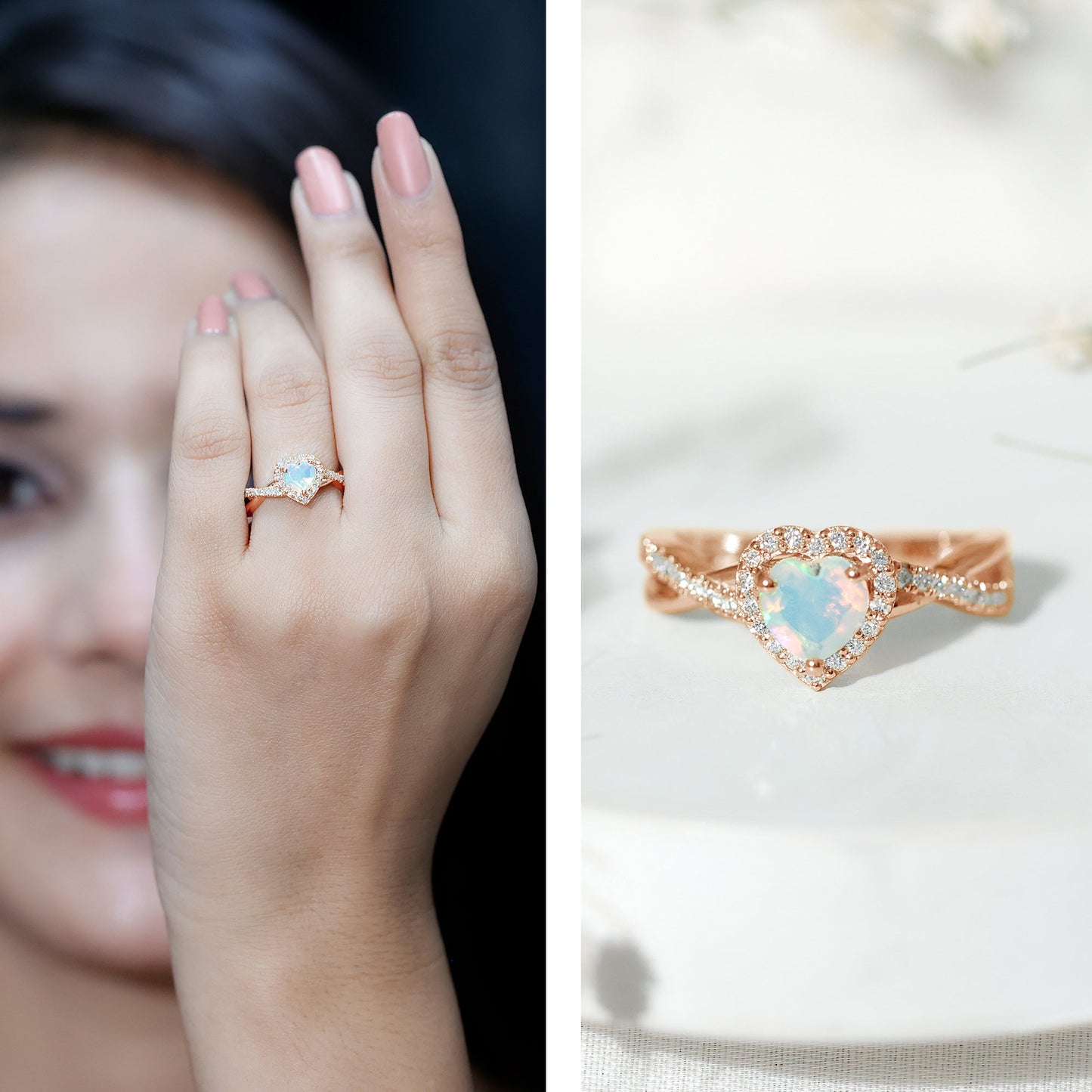 Natural Ethiopian Opal Heart Engagement Ring with Diamond Crossover Shank