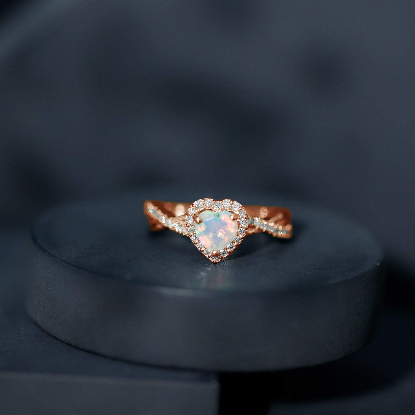 Natural Ethiopian Opal Heart Engagement Ring with Diamond Crossover Shank