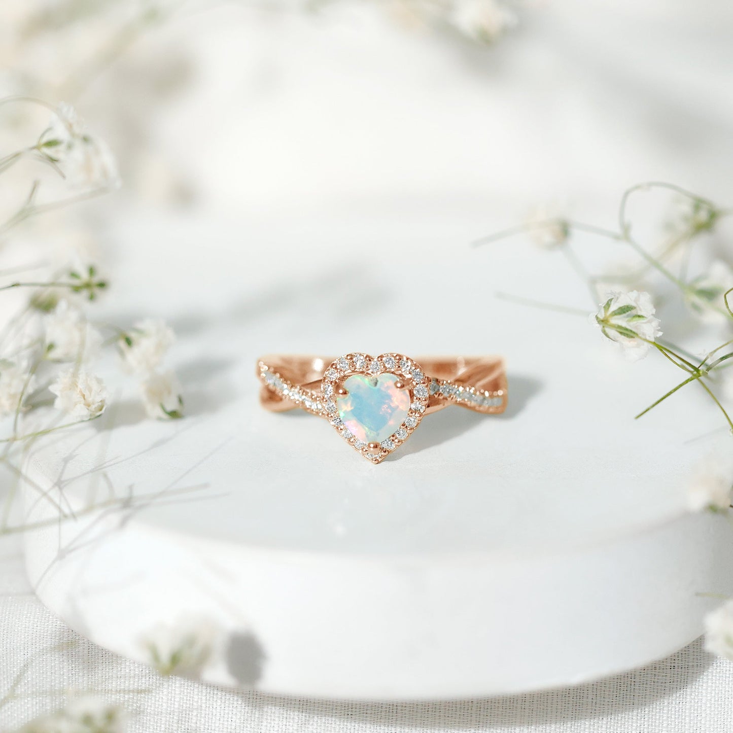 Natural Ethiopian Opal Heart Engagement Ring with Diamond Crossover Shank