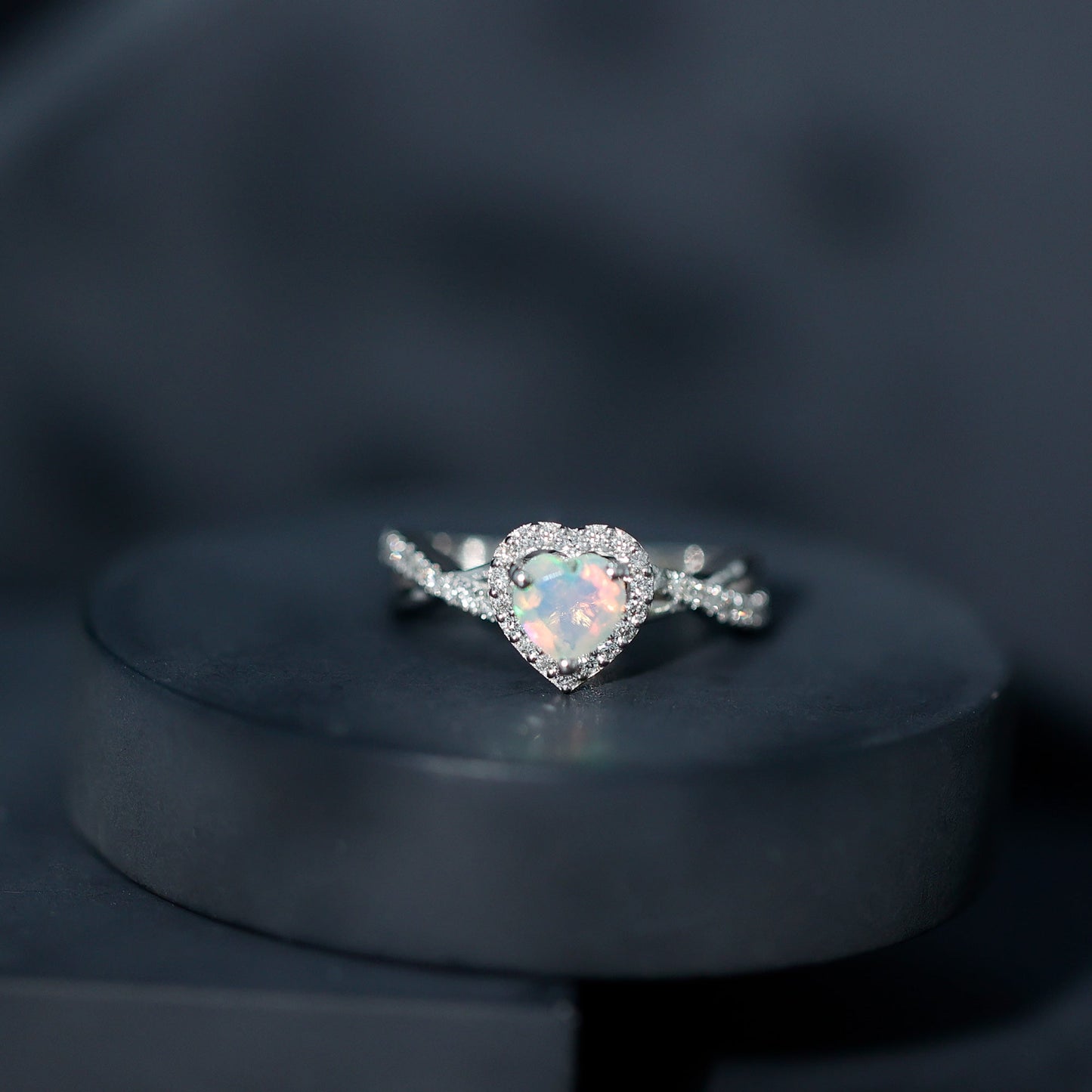Natural Ethiopian Opal Heart Engagement Ring with Diamond Crossover Shank