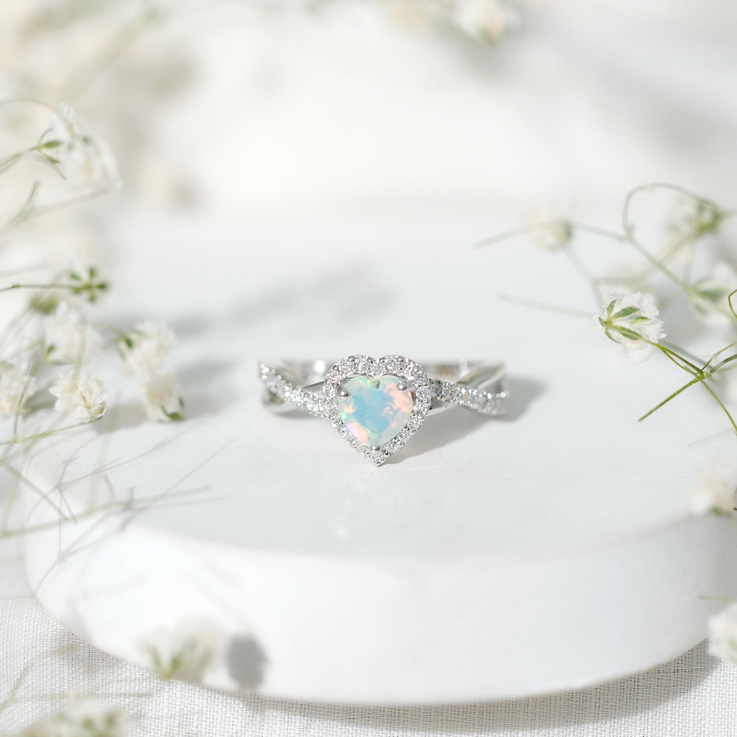 Natural Ethiopian Opal Heart Engagement Ring with Diamond Crossover Shank