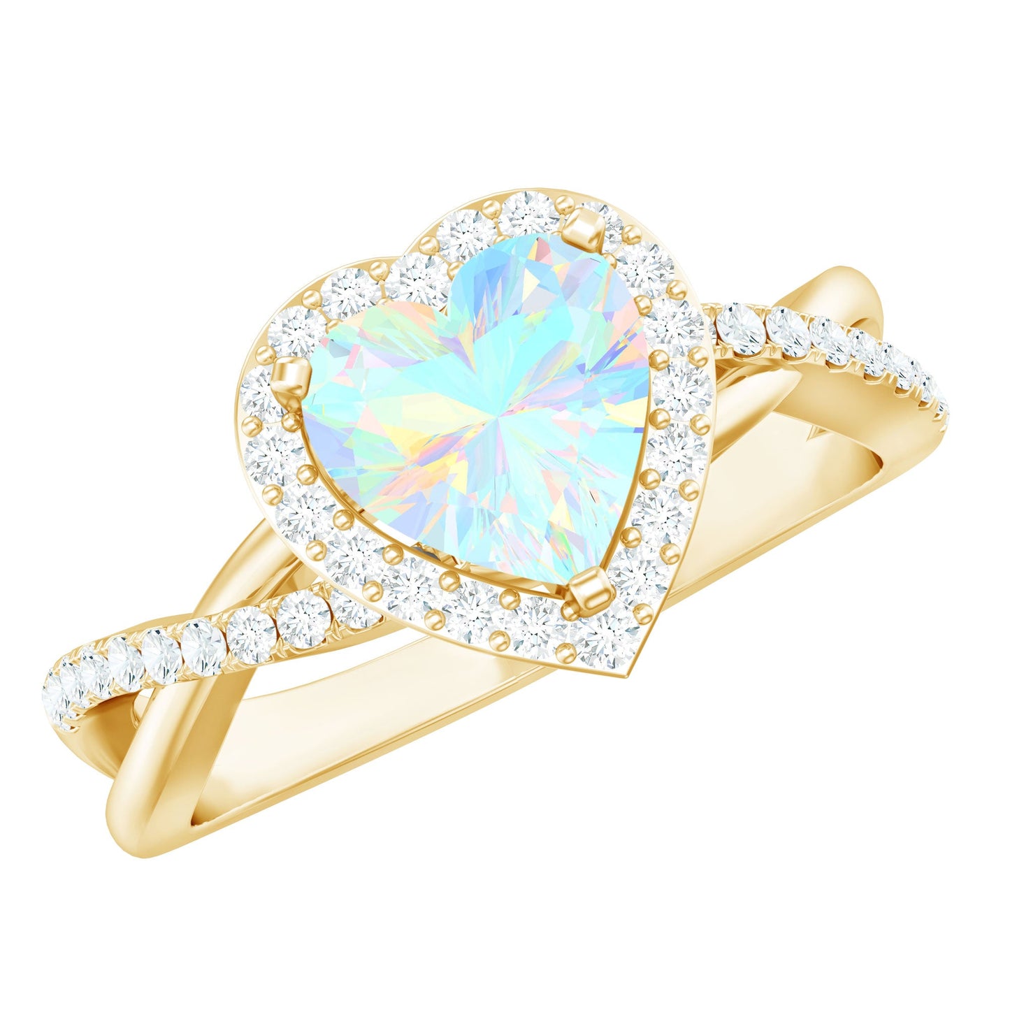 Natural Ethiopian Opal Heart Engagement Ring with Diamond Crossover Shank