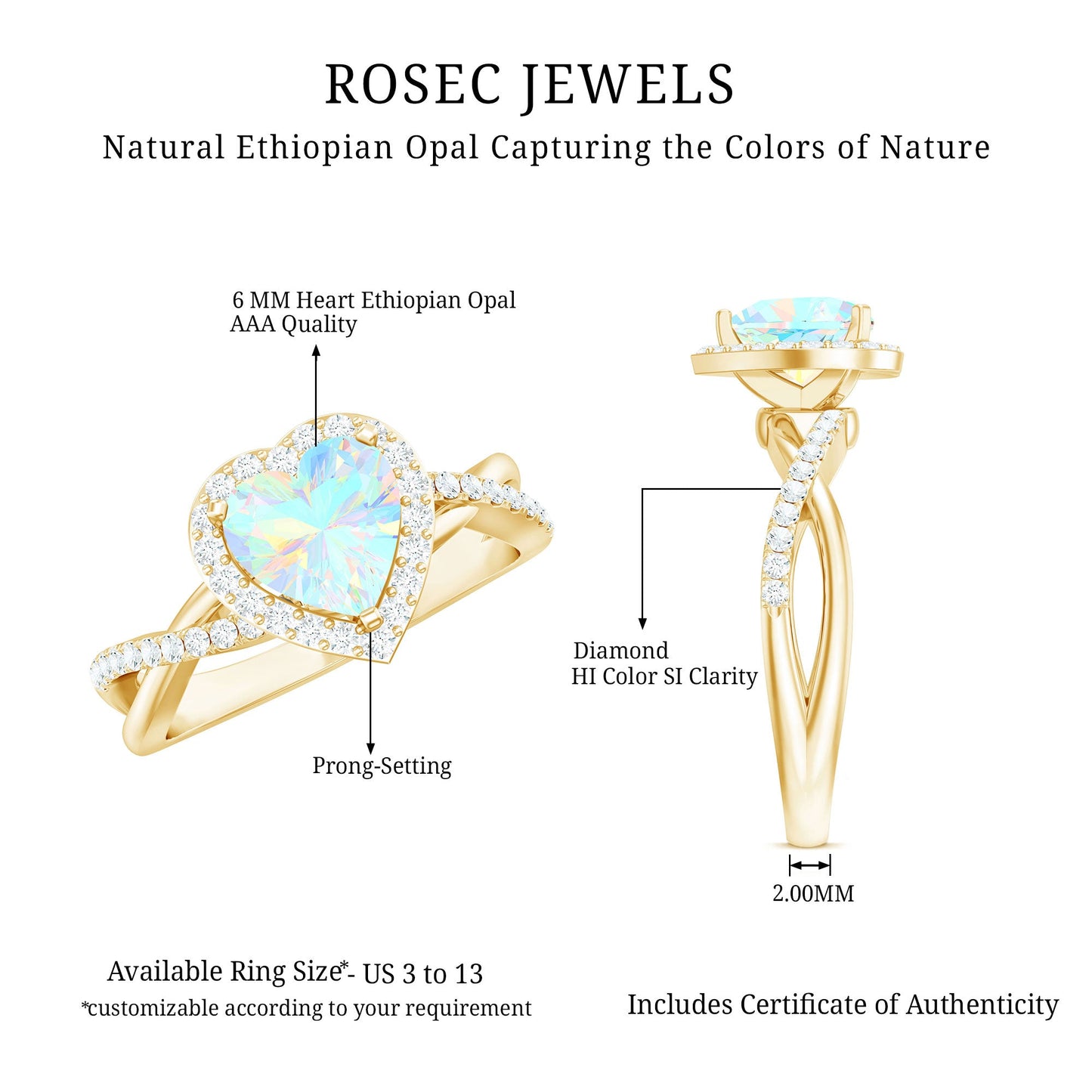 Natural Ethiopian Opal Heart Engagement Ring with Diamond Crossover Shank