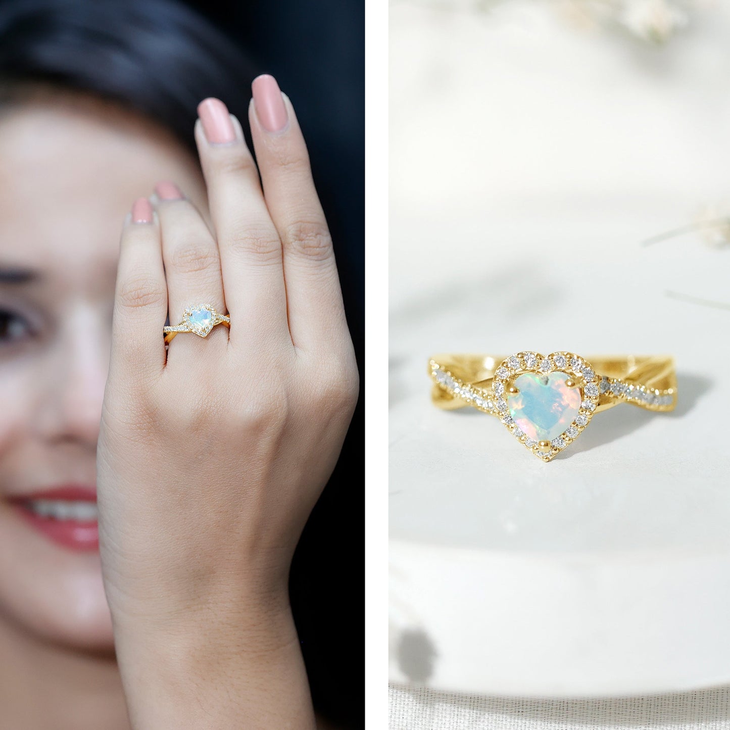 Natural Ethiopian Opal Heart Engagement Ring with Diamond Crossover Shank