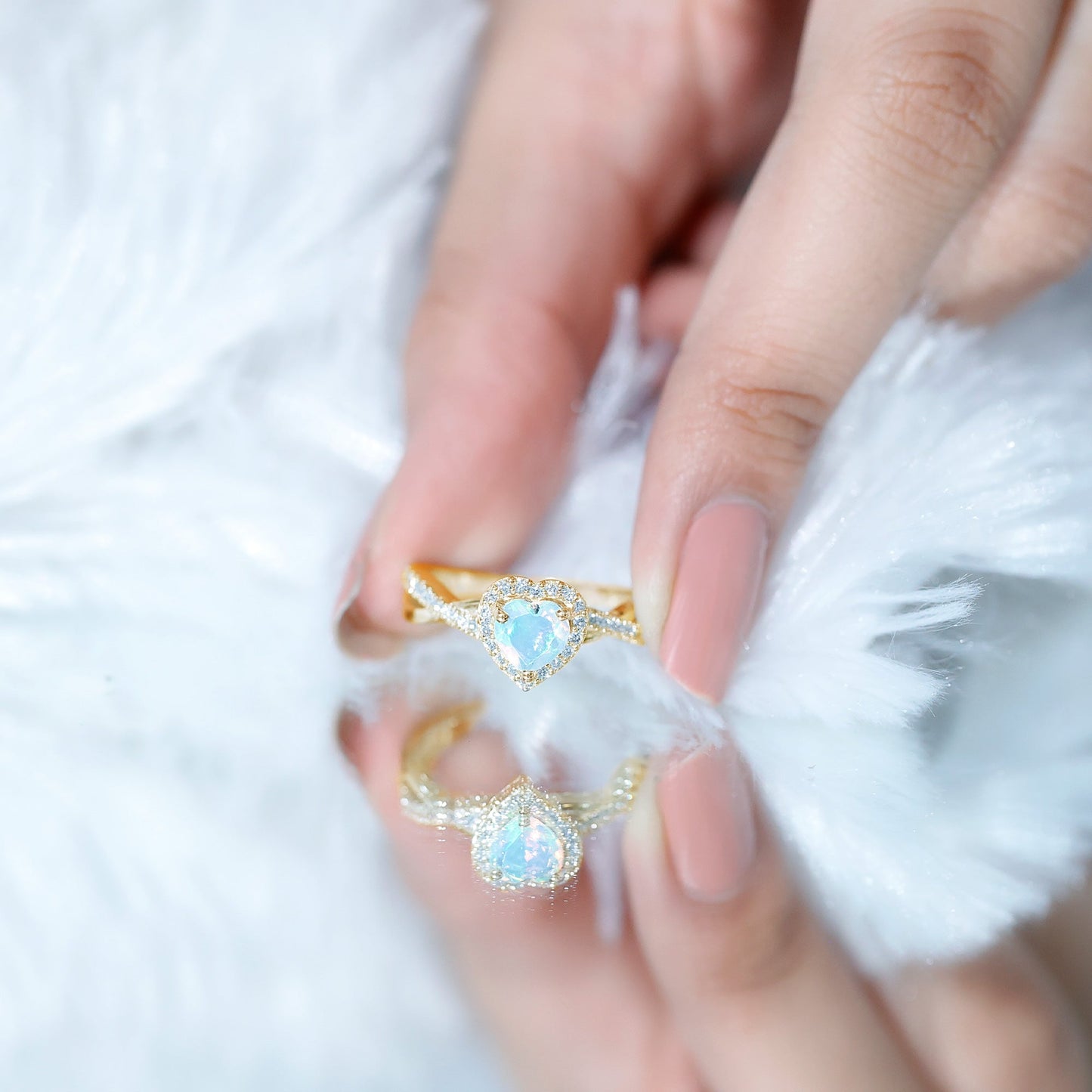 Natural Ethiopian Opal Heart Engagement Ring with Diamond Crossover Shank