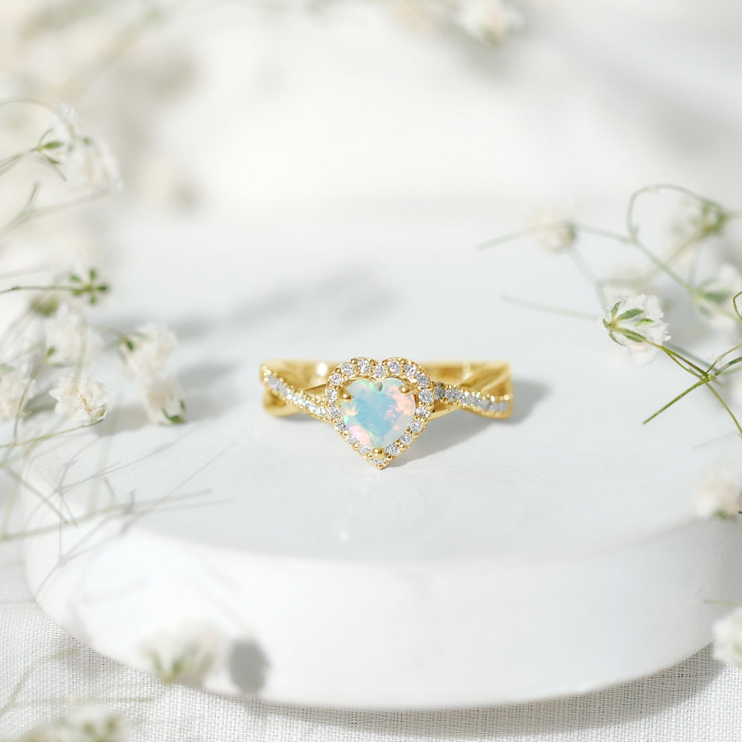 Natural Ethiopian Opal Heart Engagement Ring with Diamond Crossover Shank
