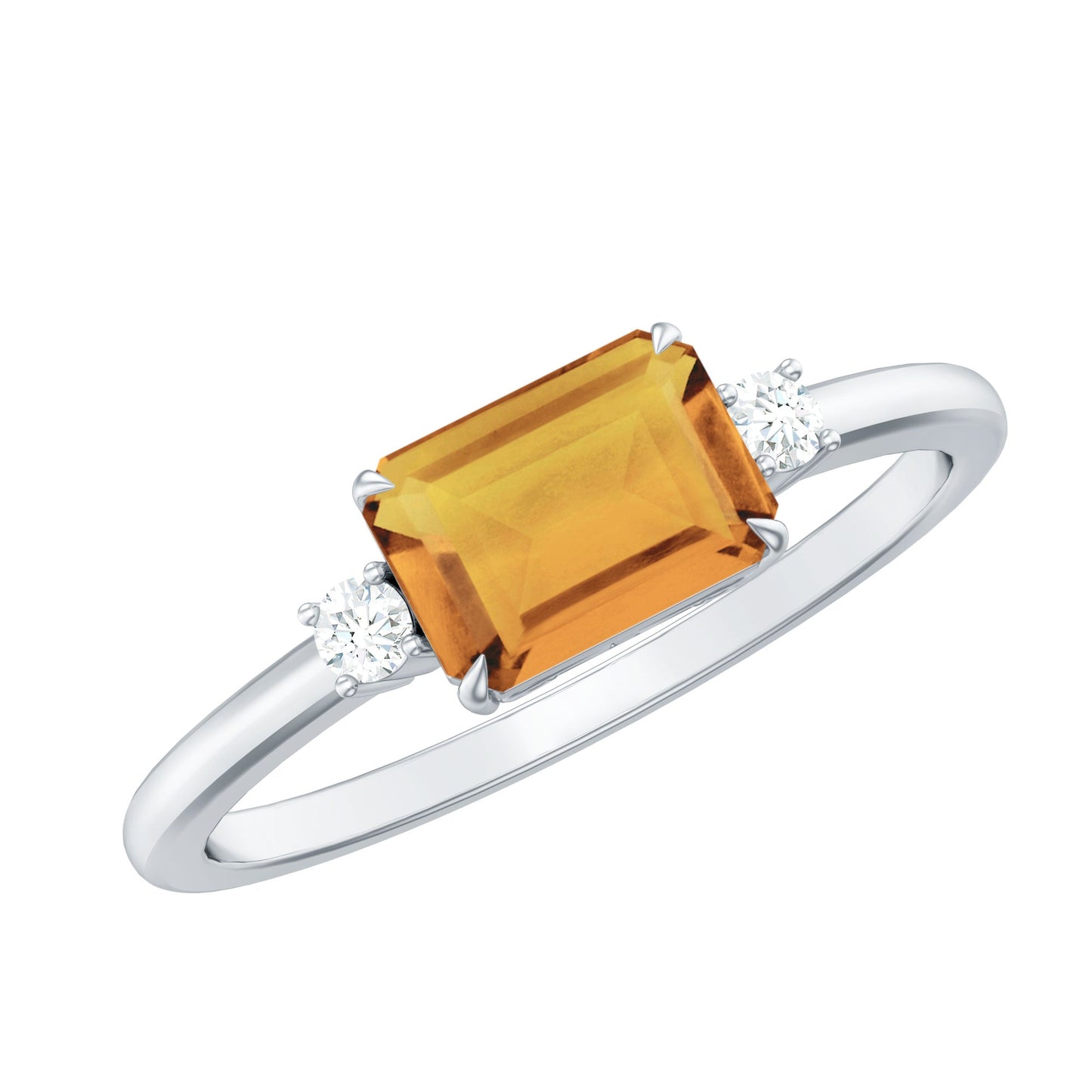Natural Emerald Cut Citrine East West Engagement Ring with Diamond