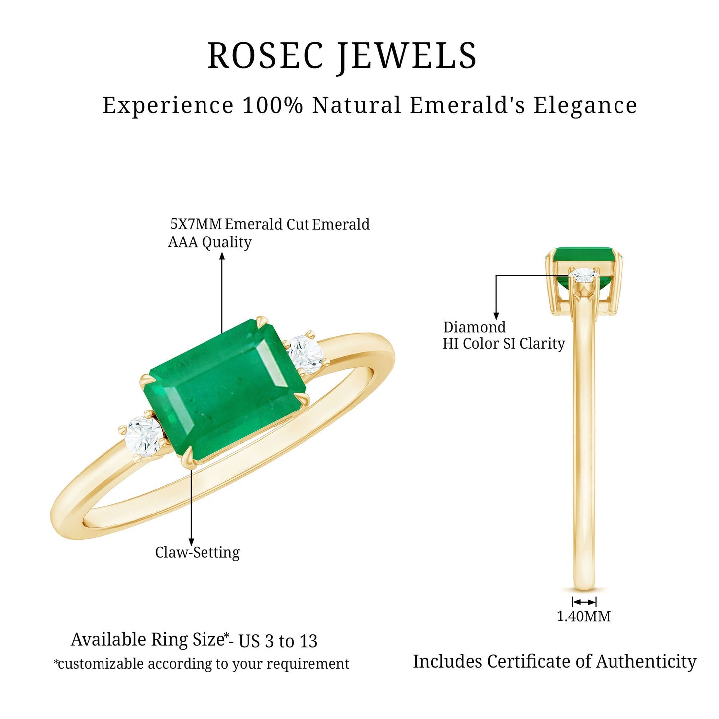 Real Emerald Cut Emerald East West Engagement Ring with Diamond