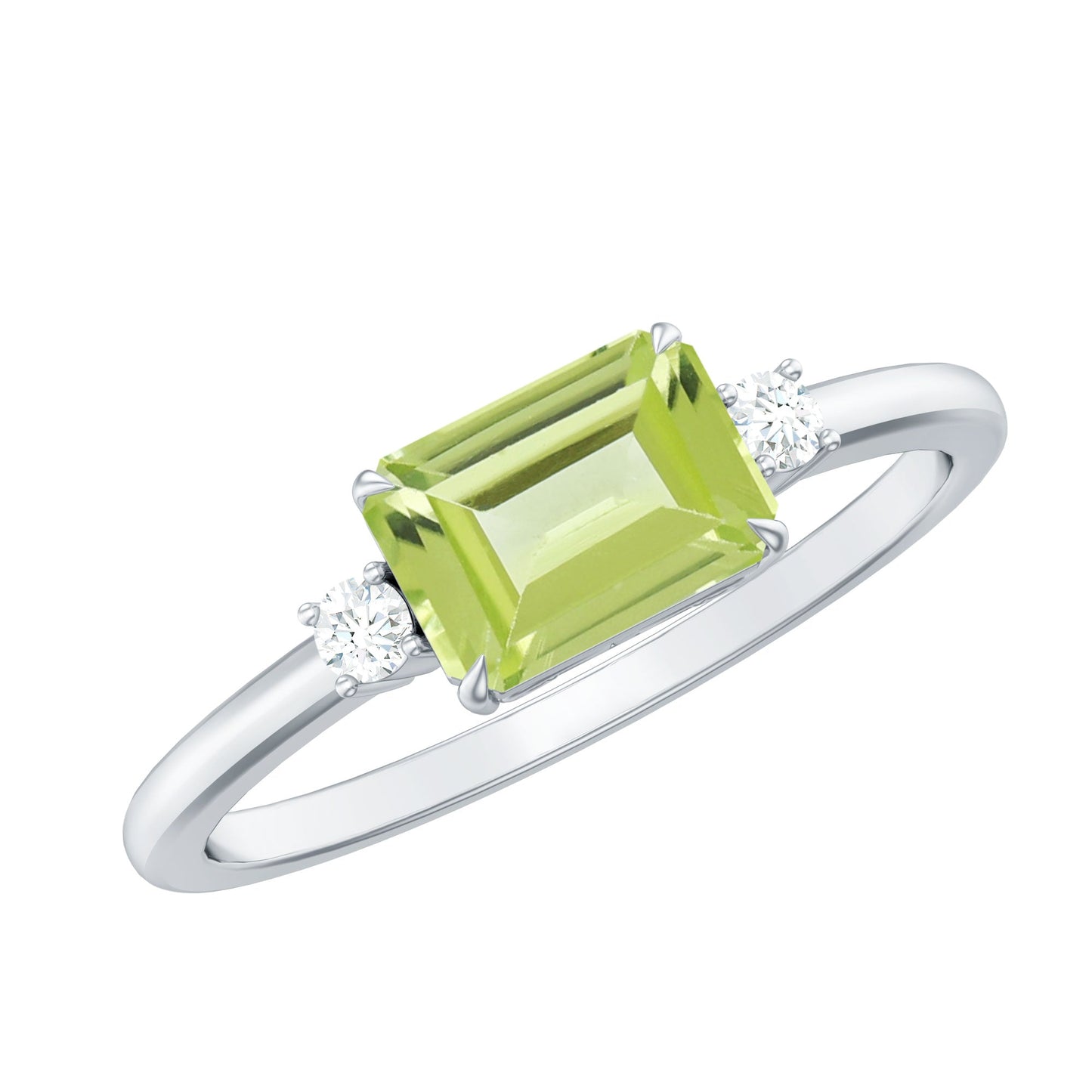 Real 1.8 Carat Peridot Emerald Cut Engagement Ring with Diamond in East West Style