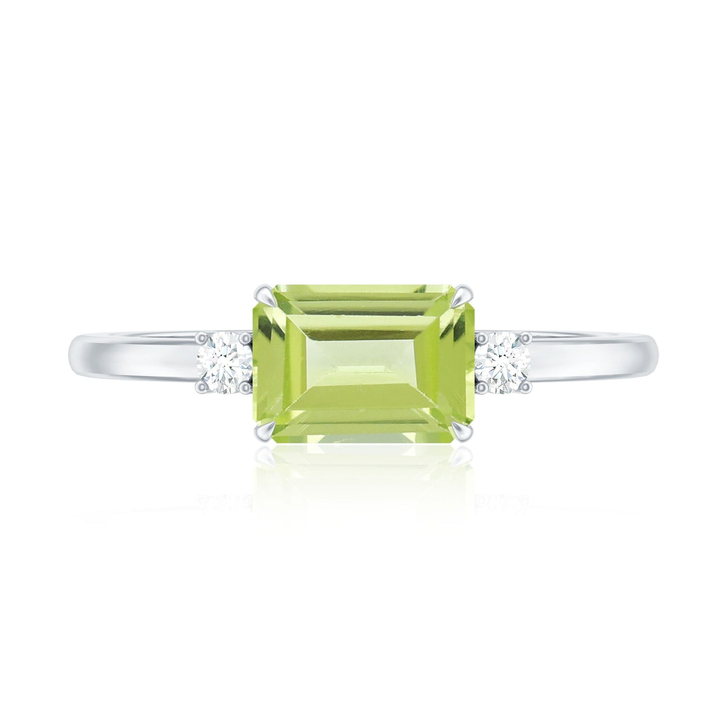 Real 1.8 Carat Peridot Emerald Cut Engagement Ring with Diamond in East West Style